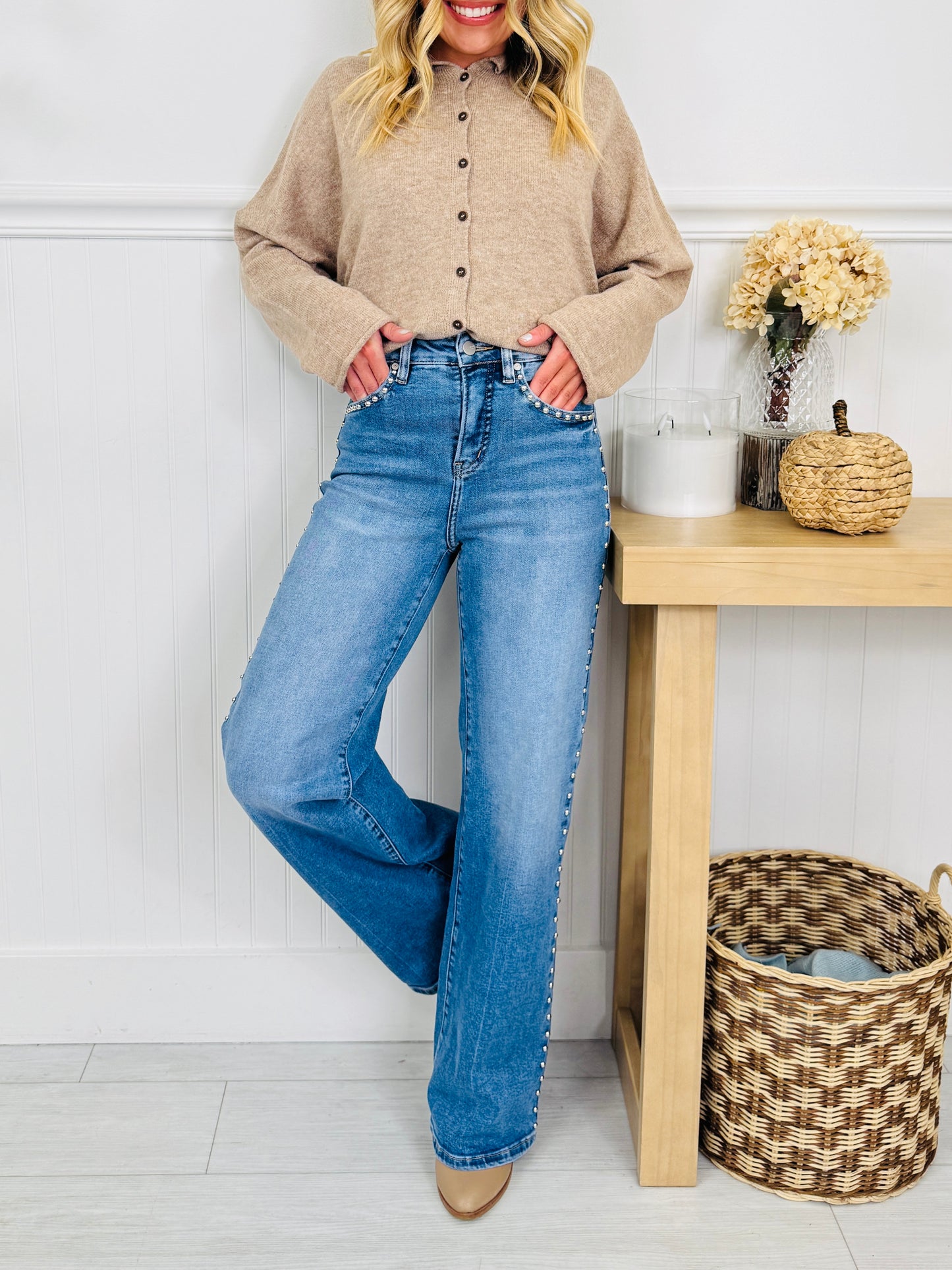 Studded & Styled Tummy Control Wide Leg Jeans