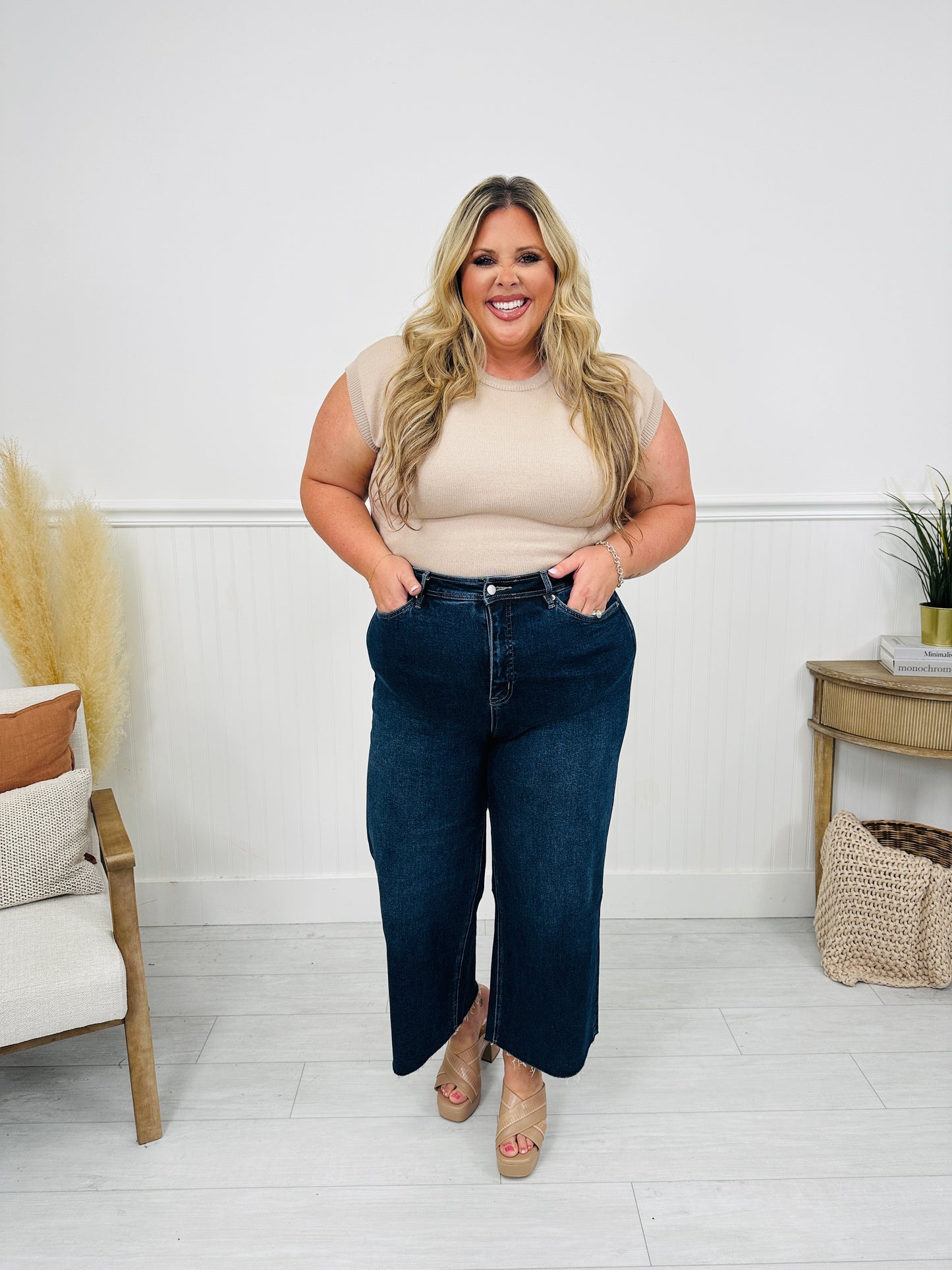 Fall Into Place Tummy Control Wide Leg Crop Jeans