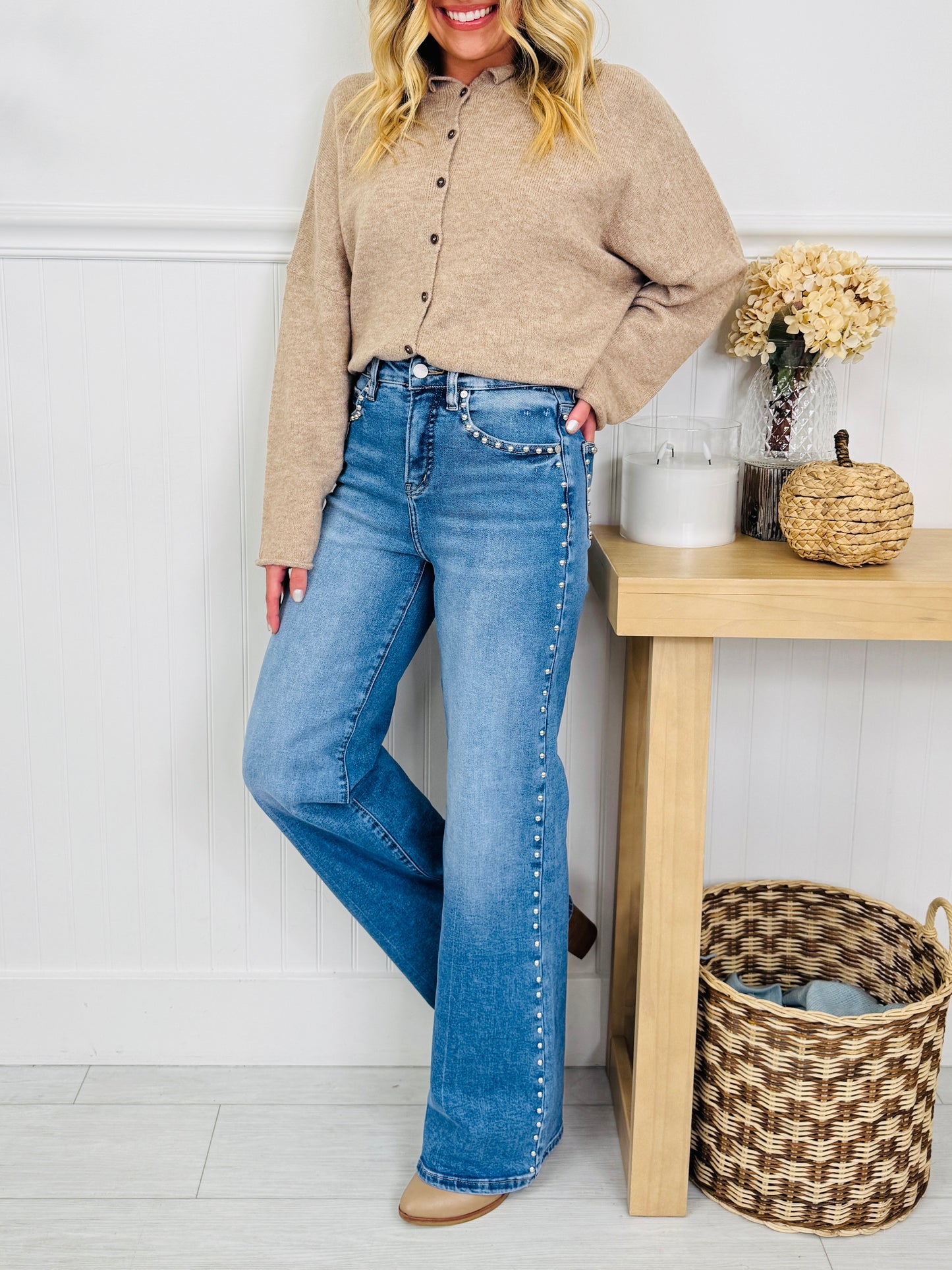 Studded & Styled Tummy Control Wide Leg Jeans