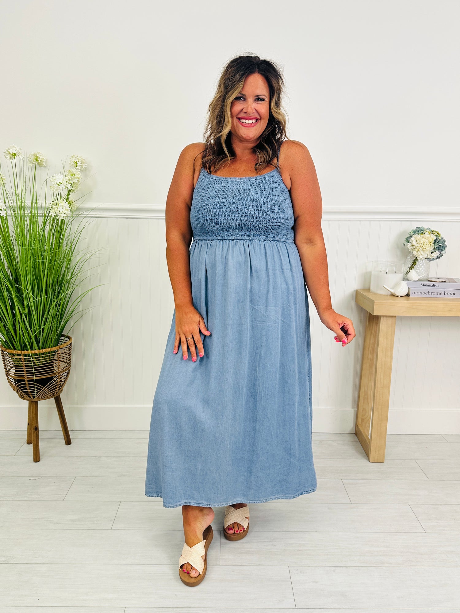 white christmas dresses Paneled A-Lined Back Tie Denim Maxi Dress LD1542-WCT main image 0