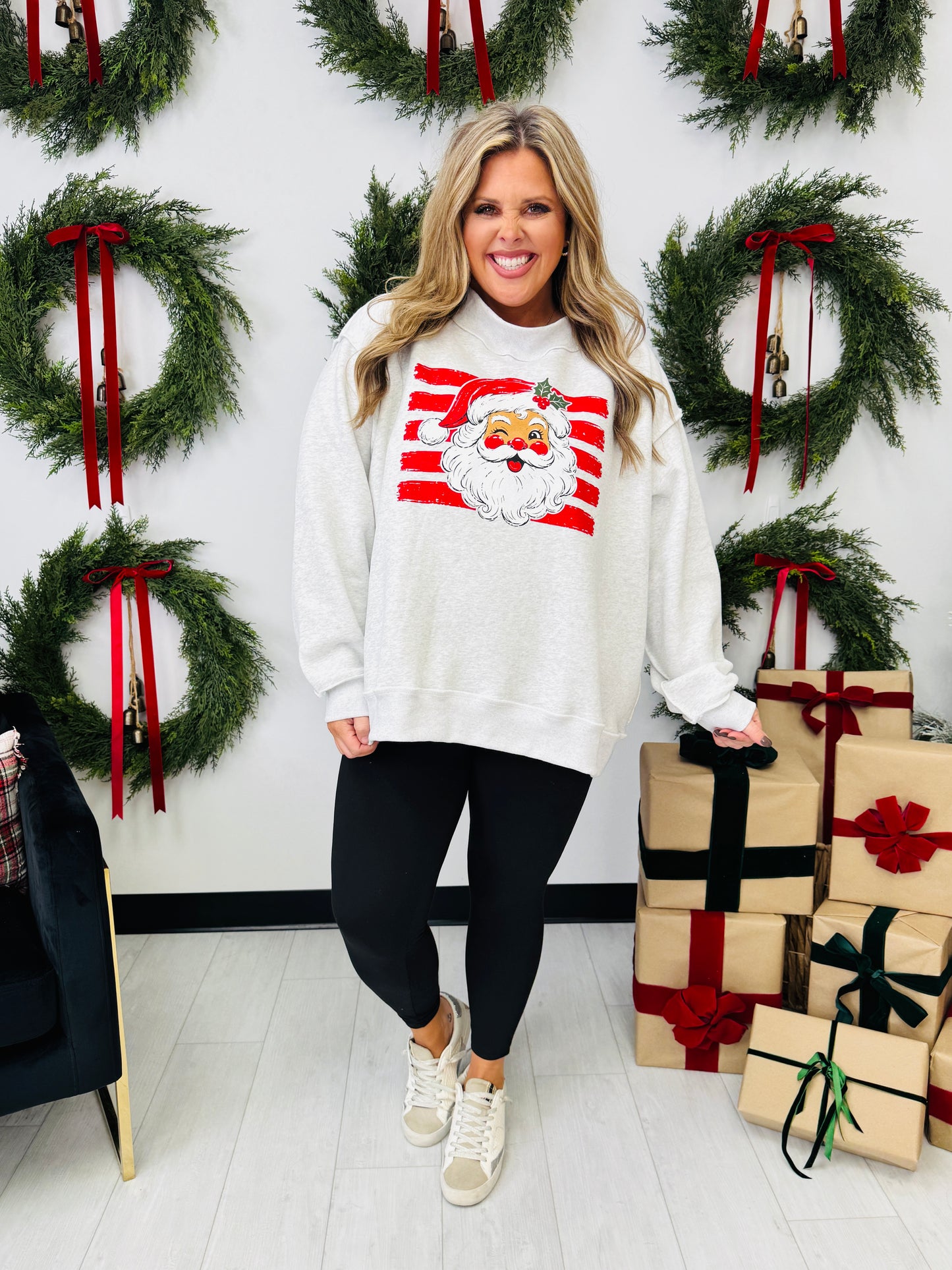 Striped Santa Mock Neck Graphic Sweatshirt