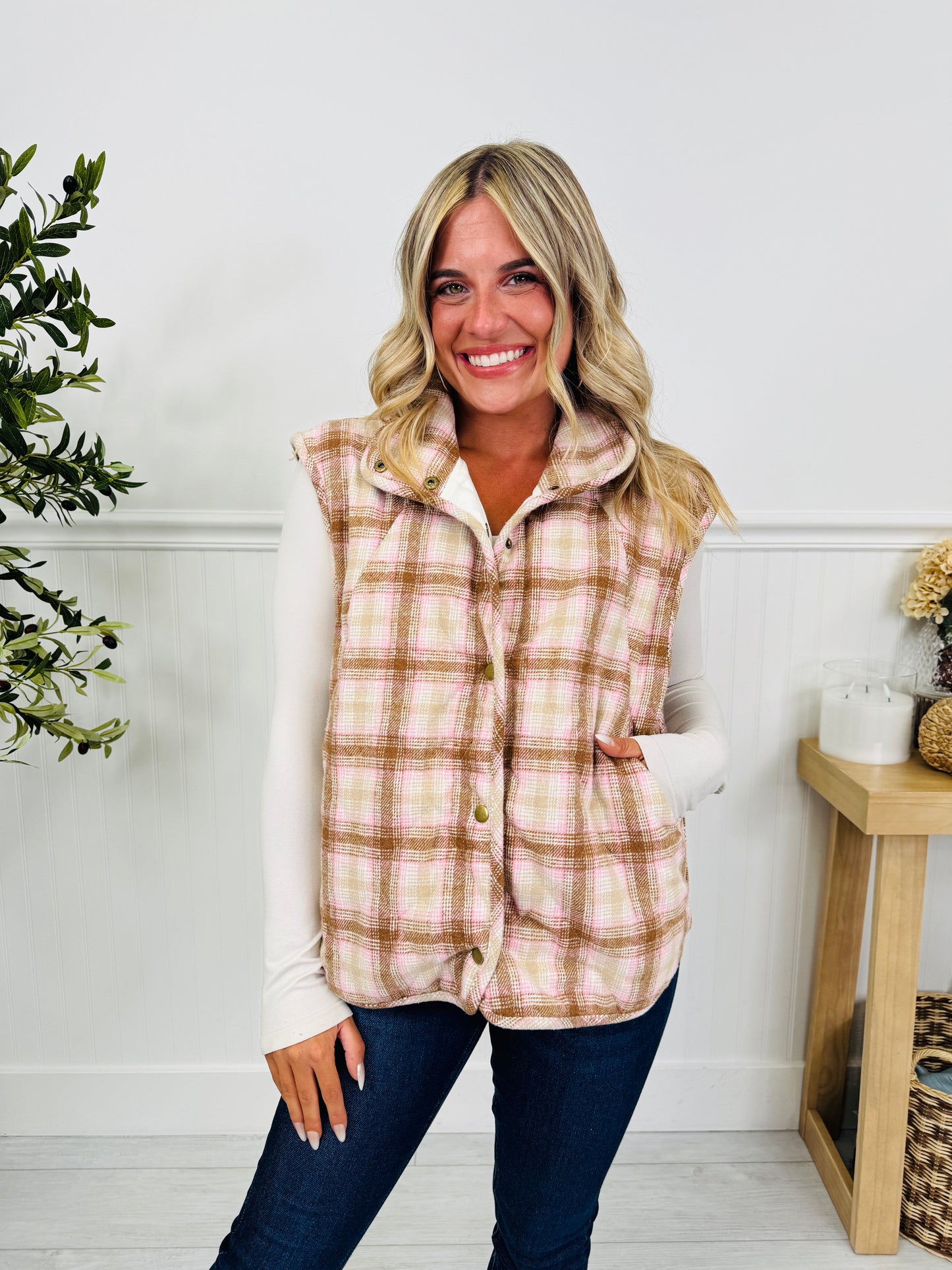 Pretty In Plaid Vest In Taupe