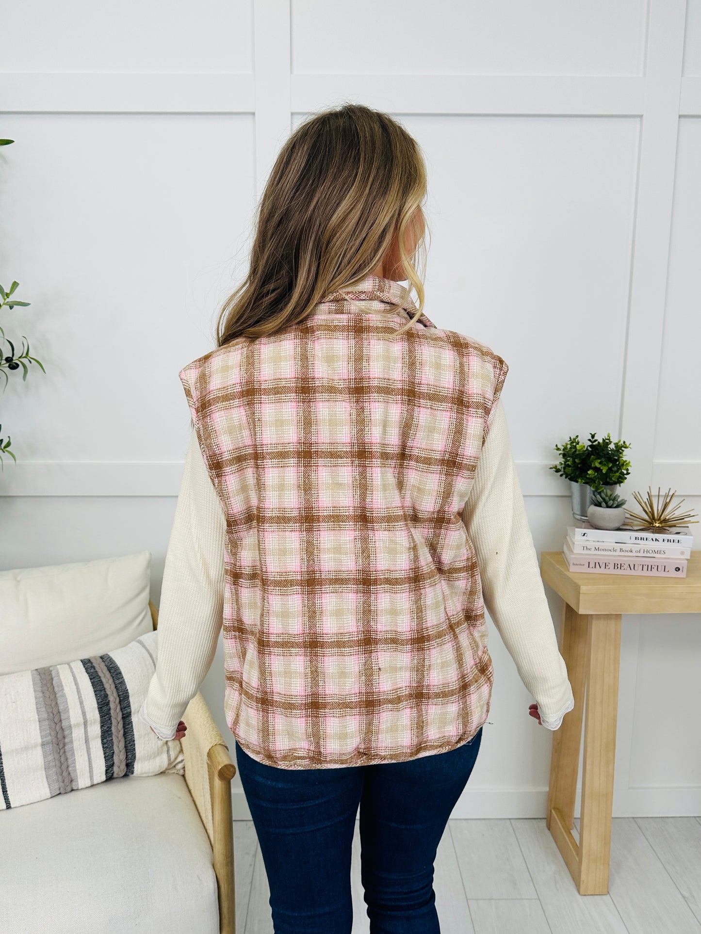 Plaid Wishes Vest in Taupe/Caramel
