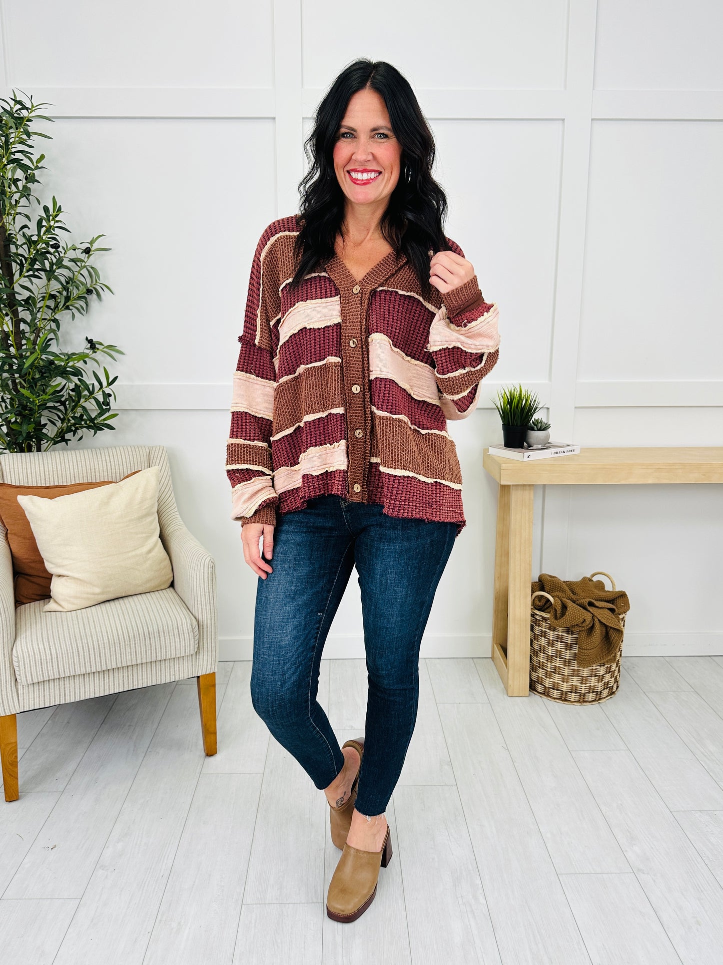 Gathered Stripes Cardigan in Wine Combo