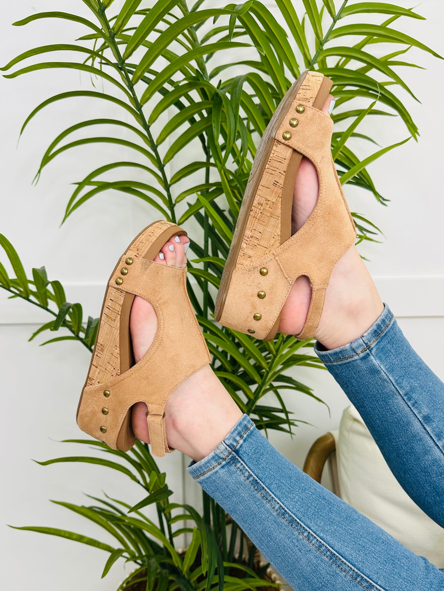 Studded Steps Wedges In Camel Faux Suede