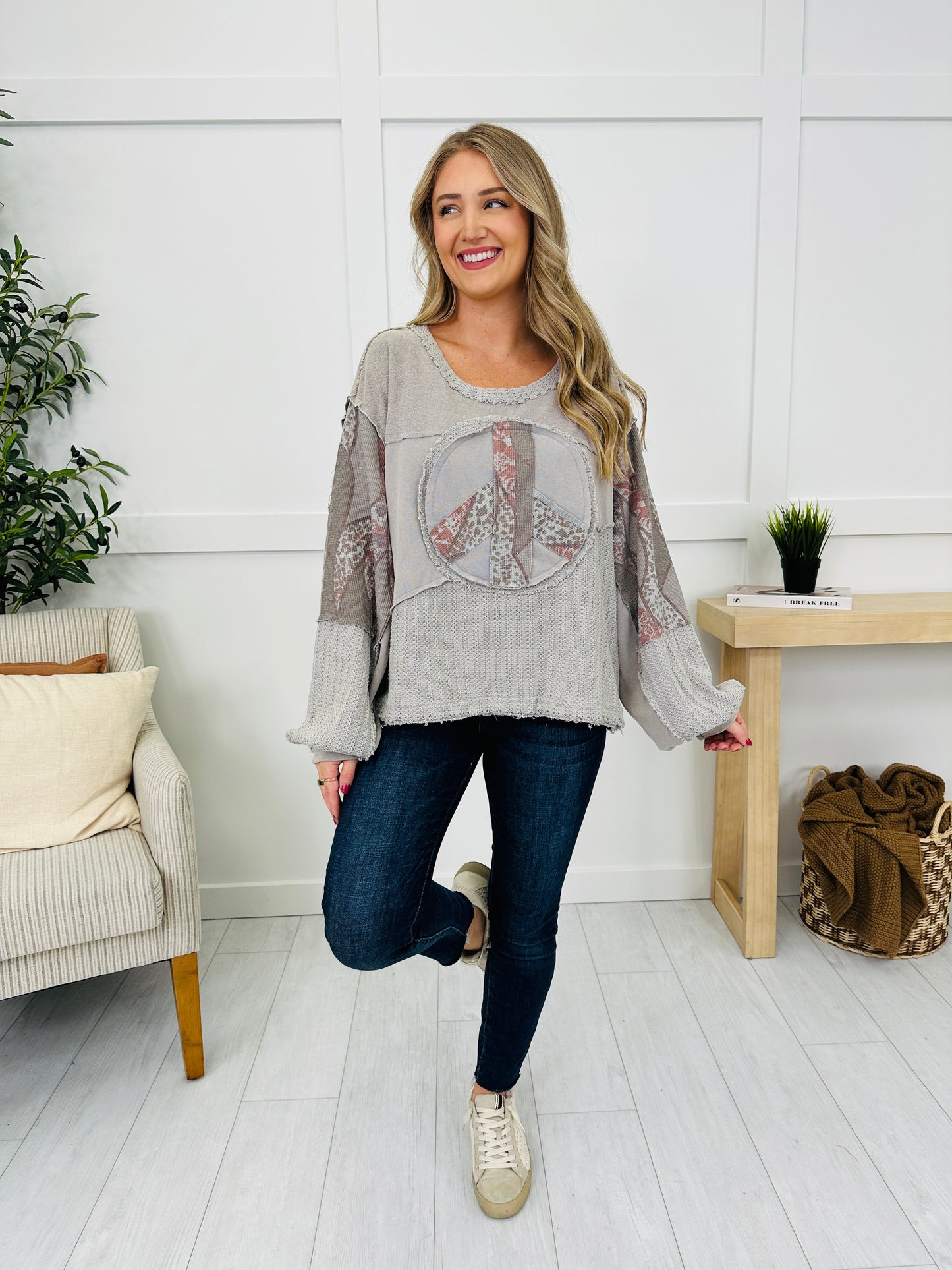 Spread Good Vibes With A Peace Sign Pullover in Grey