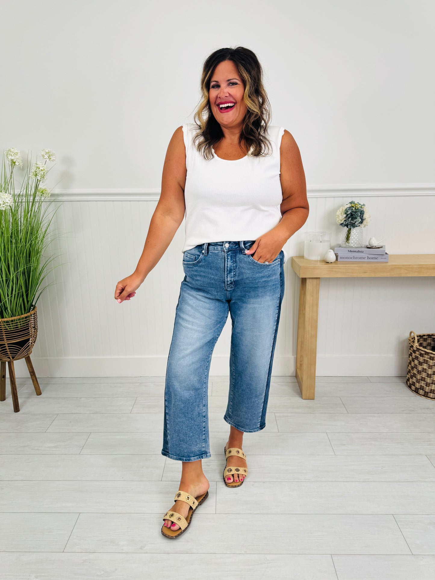 Two Tone Moment Tummy Control Slim Barrel Jeans