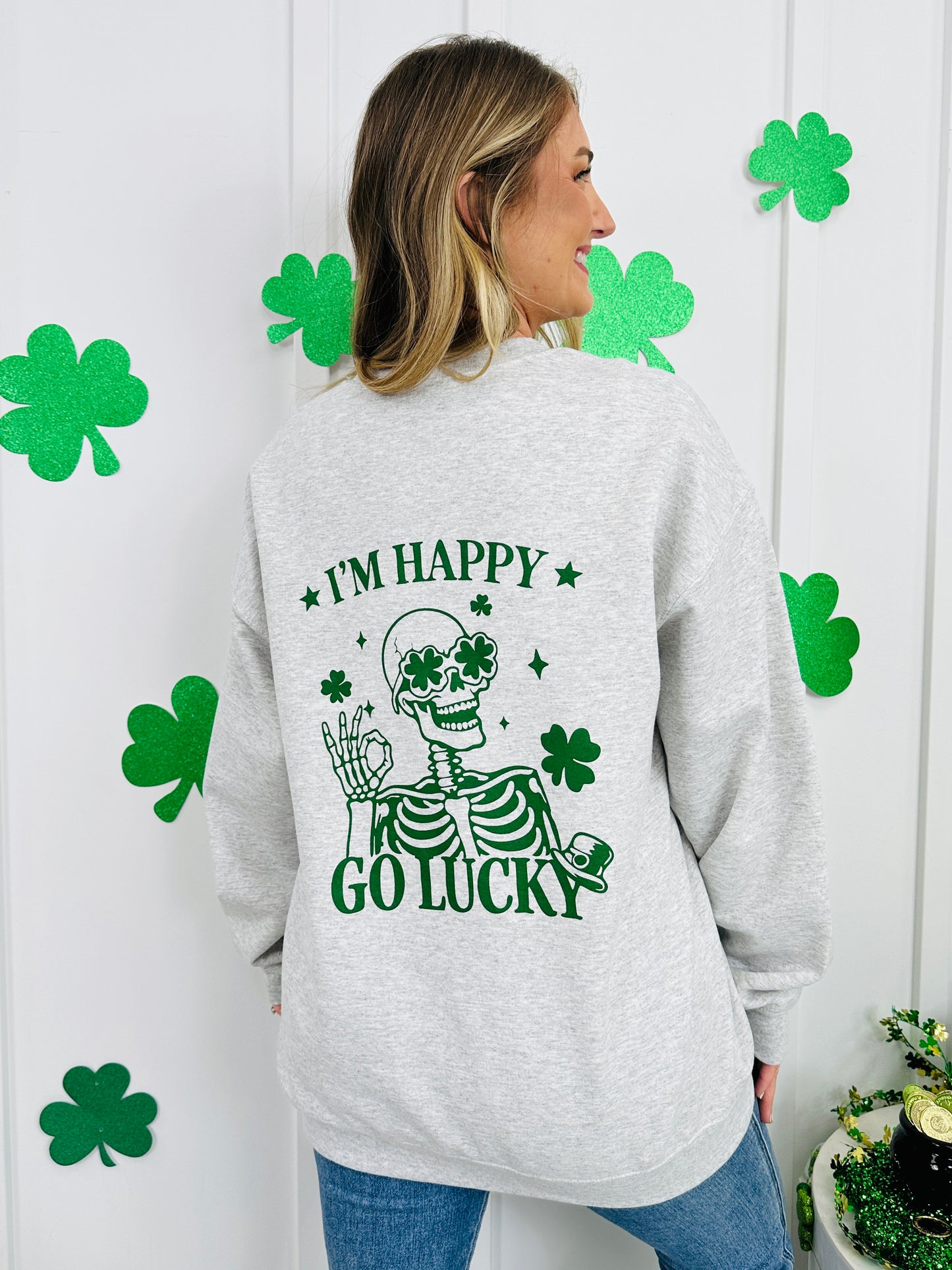 I'm Happy Go Lucky Skeleton Graphic Crewneck Sweatshirt