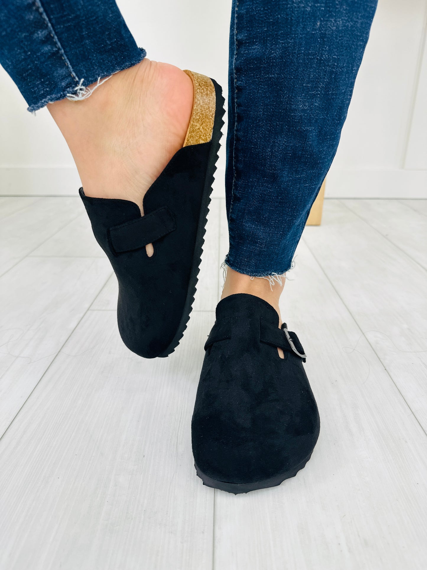 Velvet Voyage Clogs In Black Faux Suede