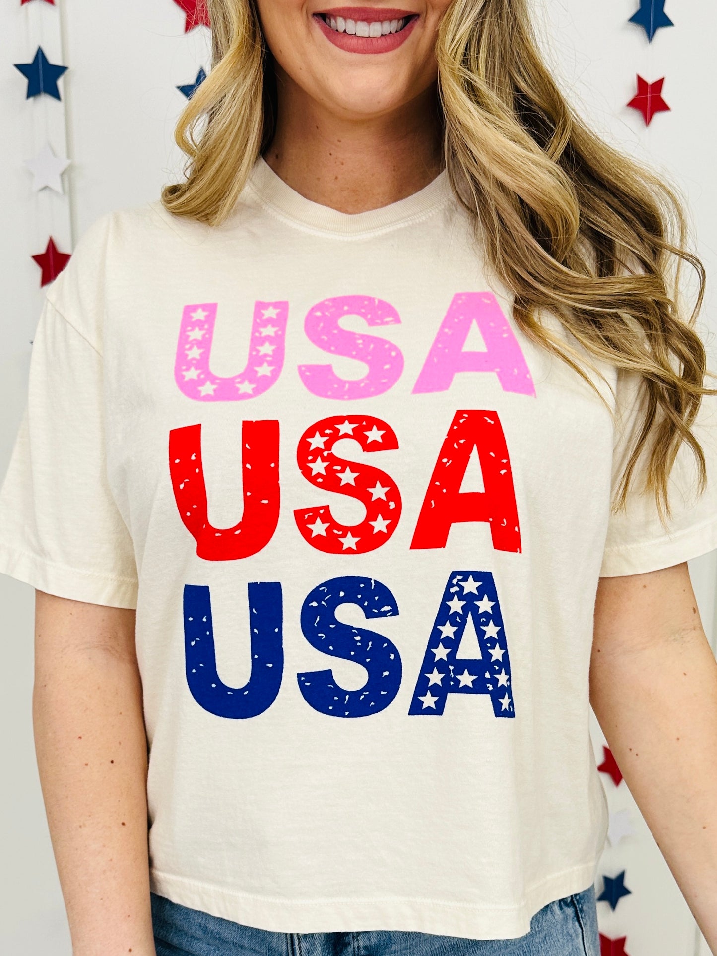 Pink Red And Blue USA Boxy Graphic Tee