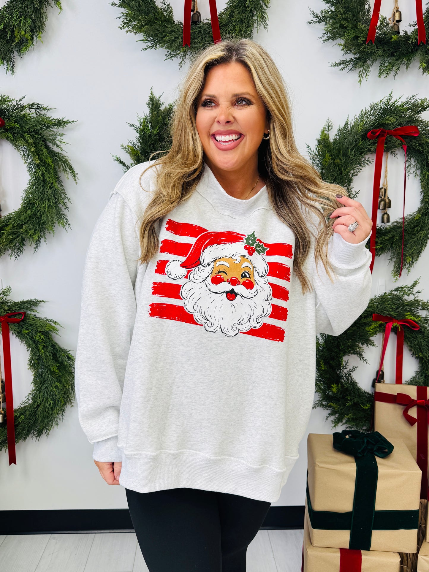 Striped Santa Mock Neck Graphic Sweatshirt
