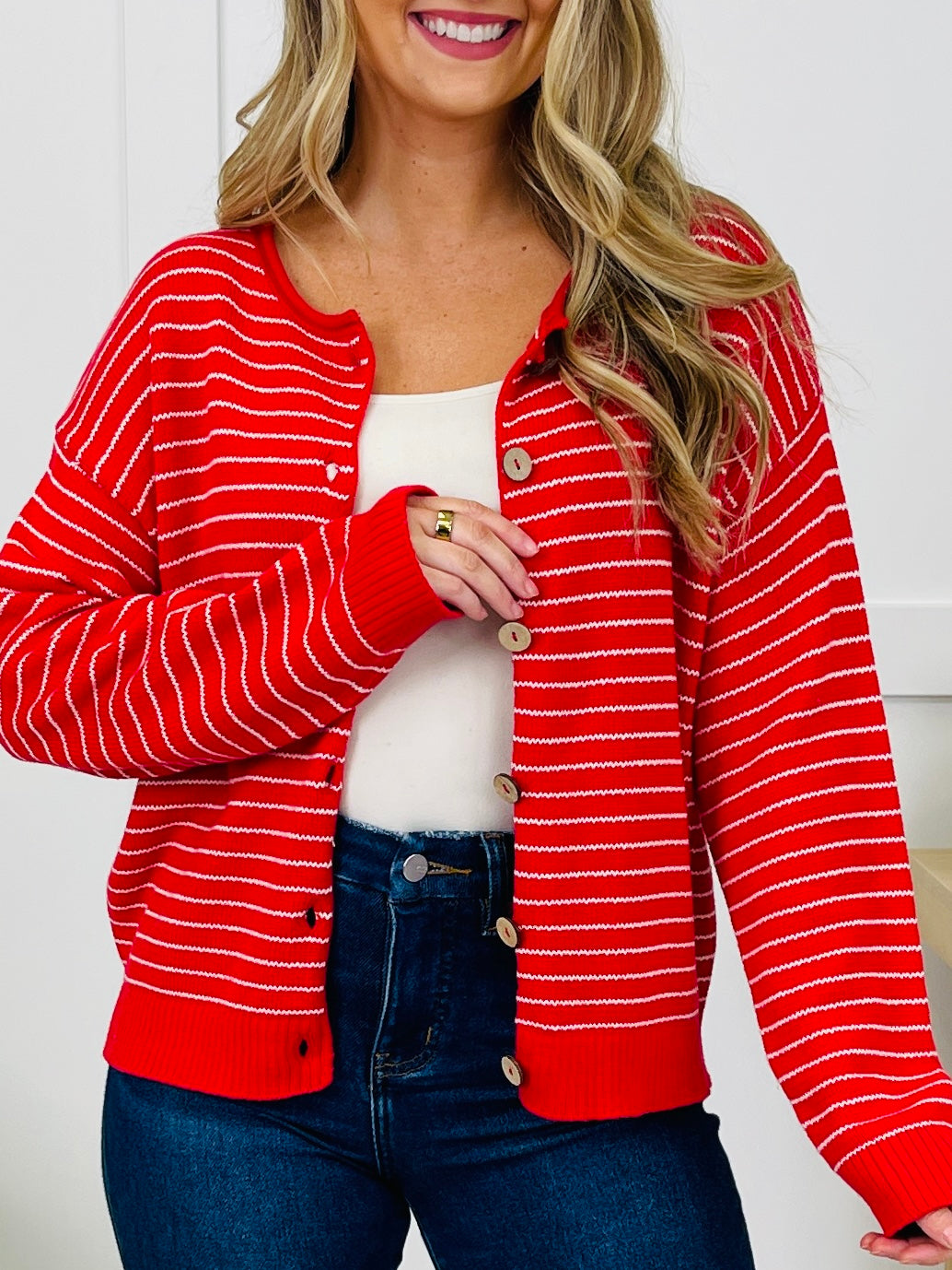 Polished In Stripes Cardigan in Red