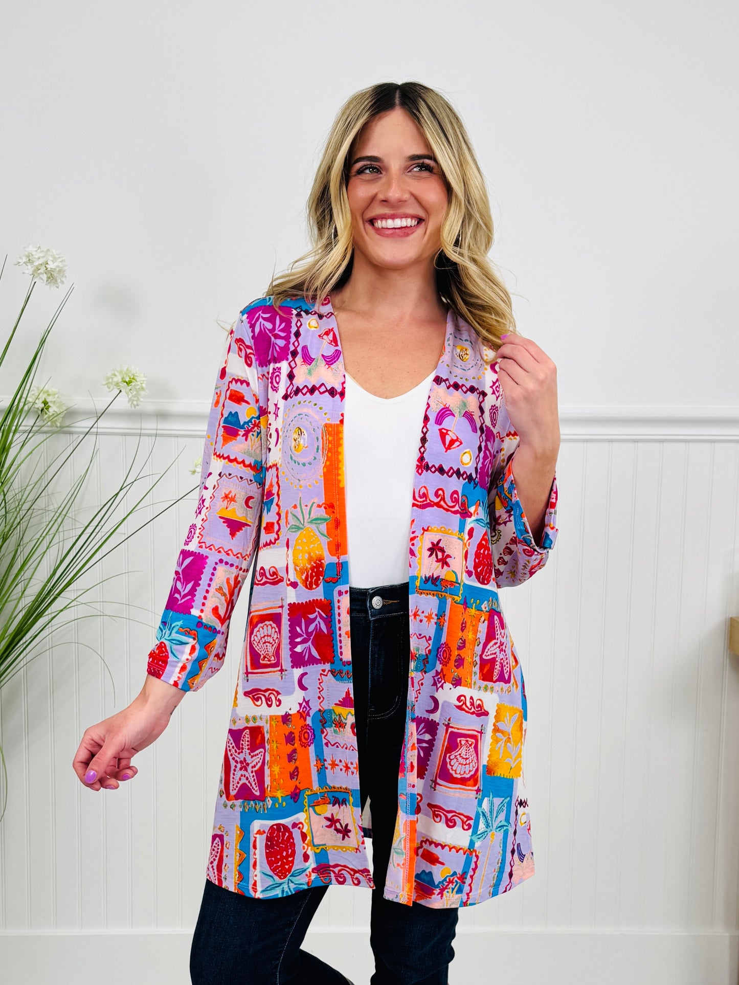 Layered in Spring Cardigan In Beach Print