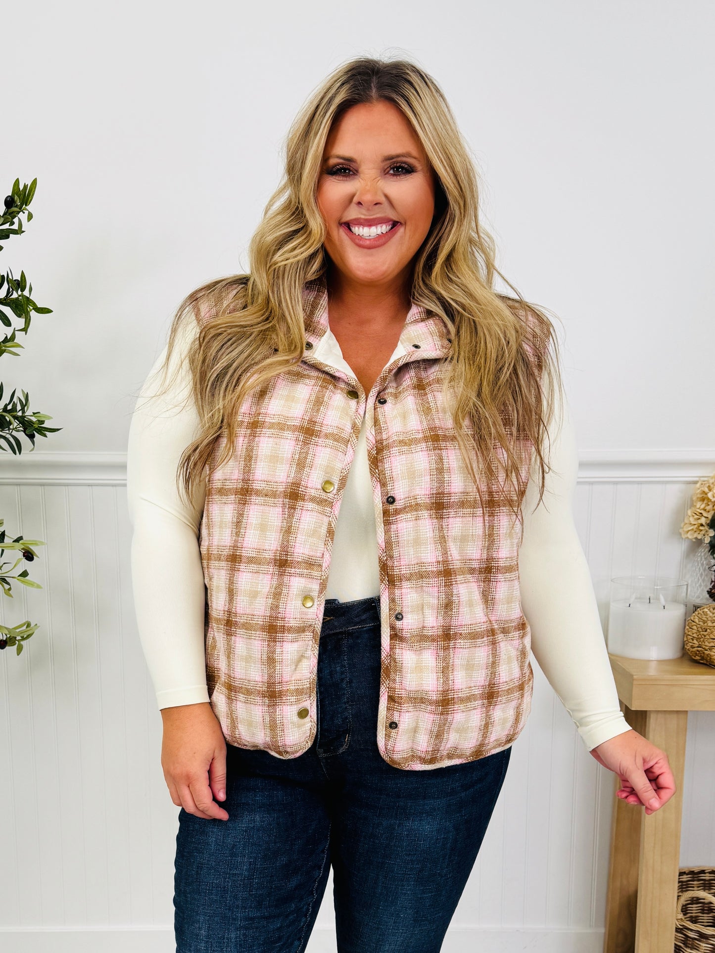 Pretty In Plaid Vest In Taupe