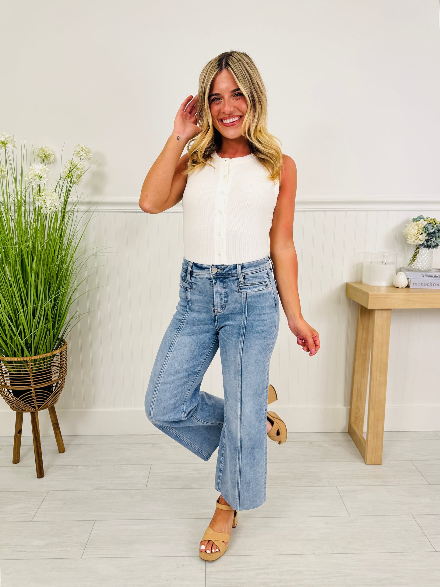 Front and Center Tummy Control Cropped Wide Leg Jeans