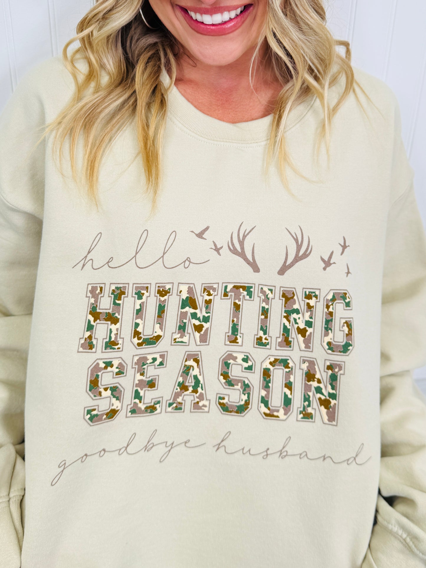 Hello Hunting Season, Goodbye Husband Graphic Crewneck Sweatshirt
