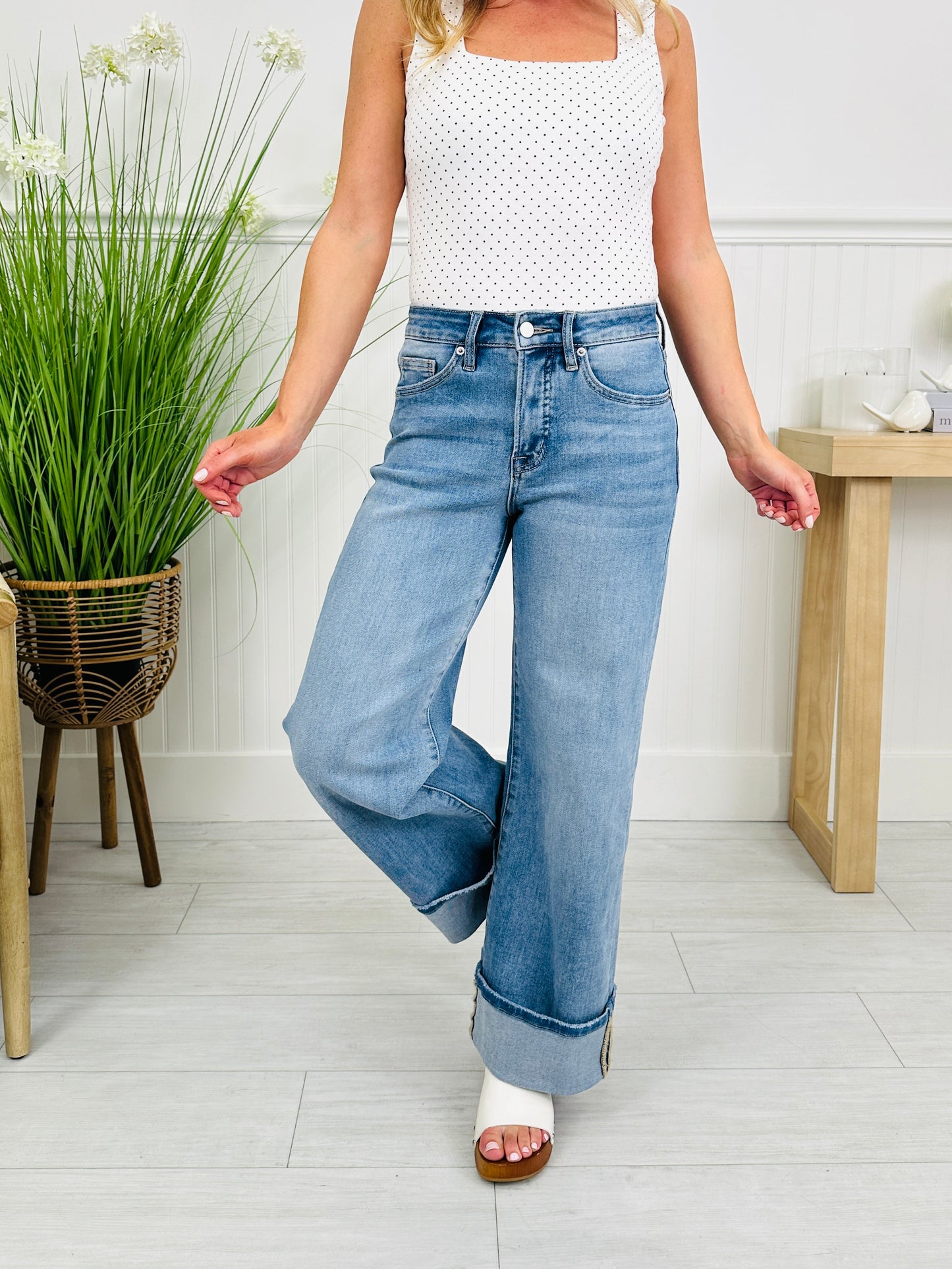 Off The Cuff Wide Leg Cuffed Tummy Control Cropped Jeans