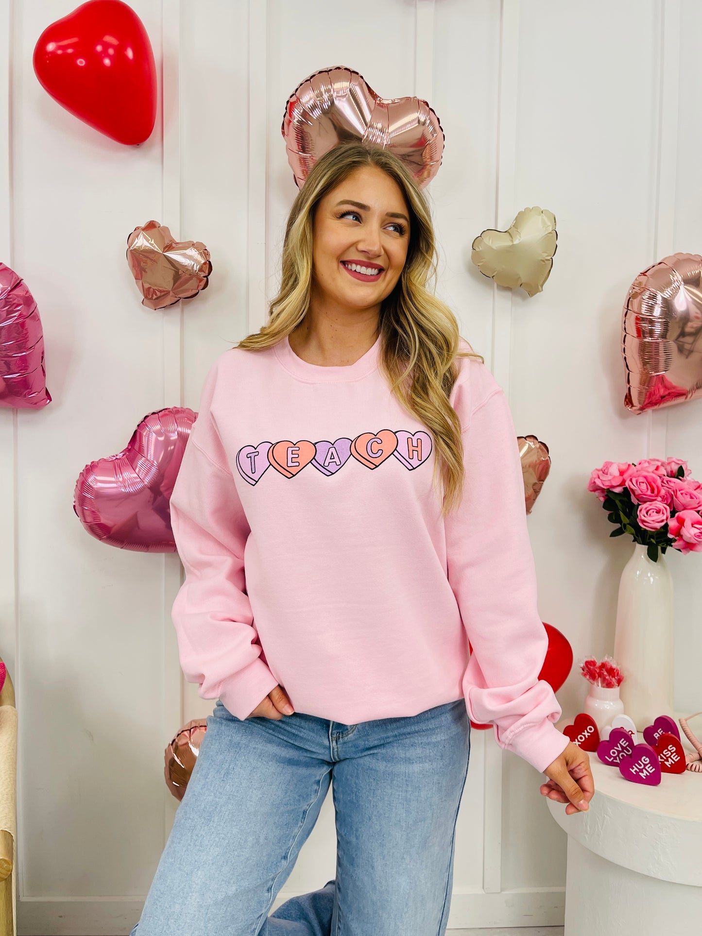 Teach Candy Hearts Graphic Crewneck Sweatshirt