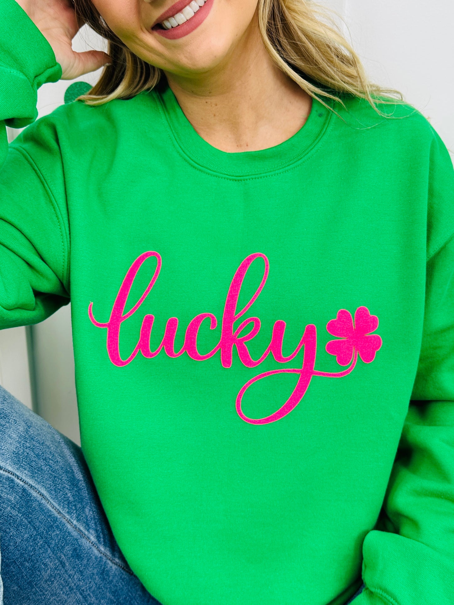 Pink Lucky Clover Puff Graphic Crewneck Sweatshirt