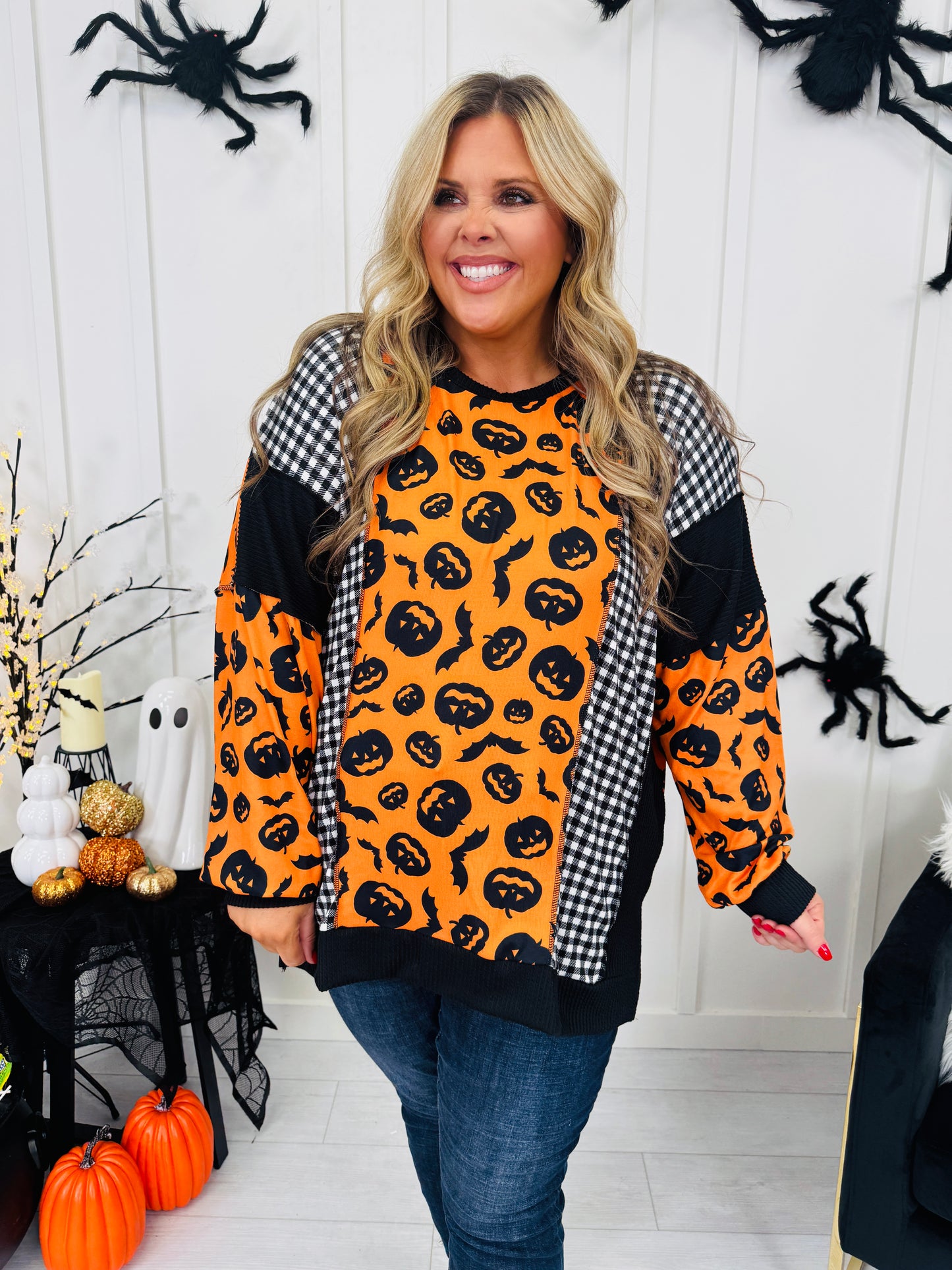 All Things Spooky Top In Pumpkin Print