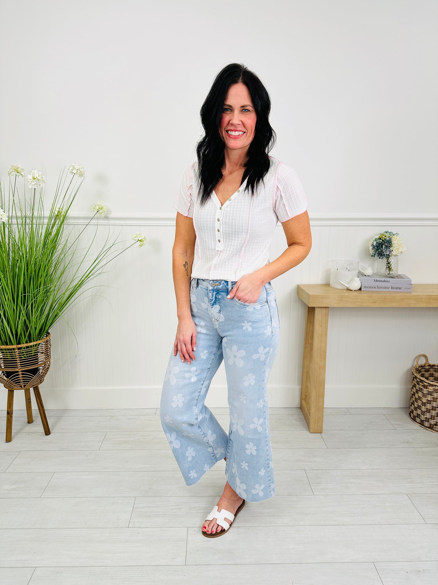 Flower Power Tummy Control Wide Leg Cropped Jeans