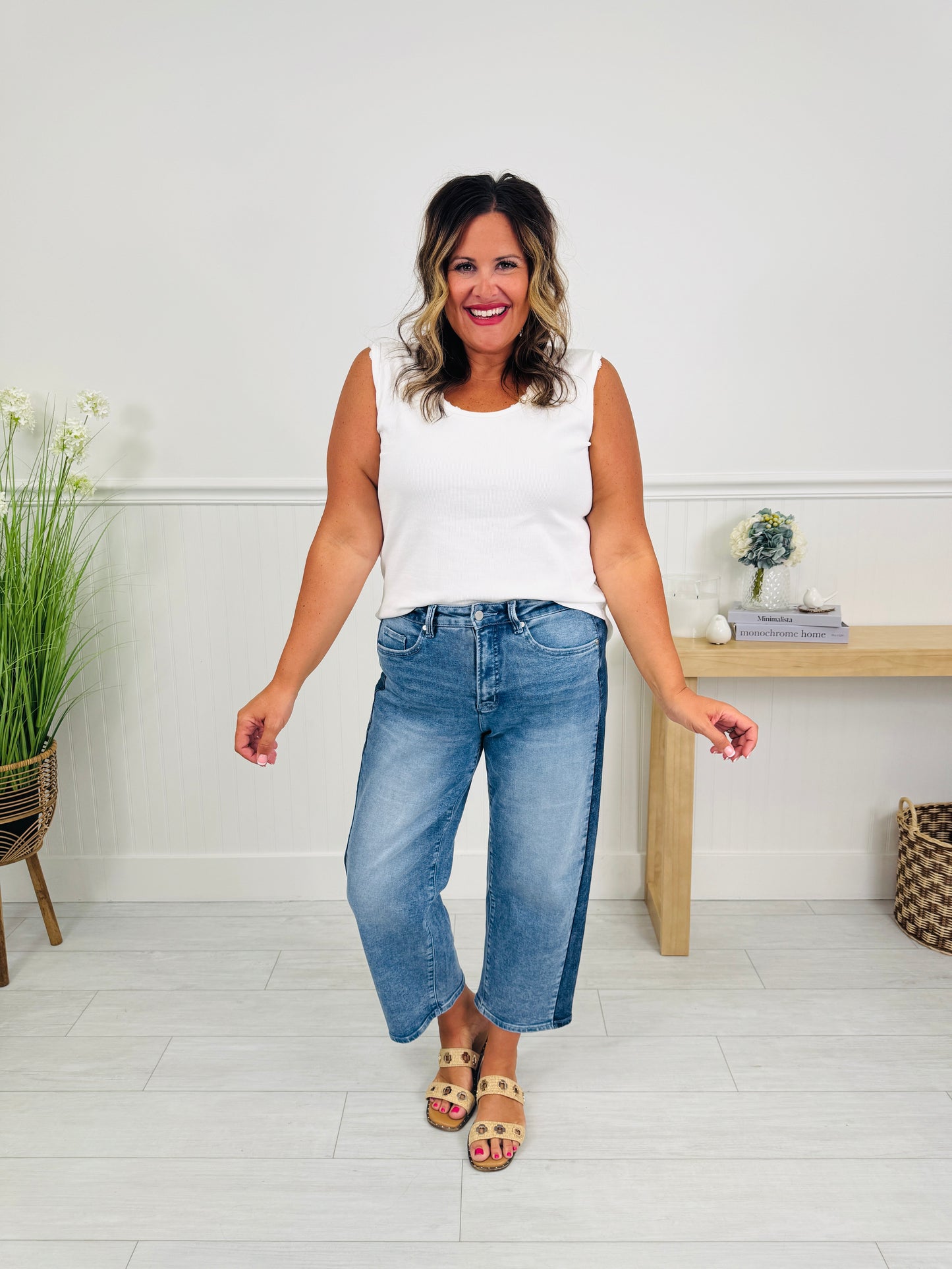 Two Tone Moment Tummy Control Slim Barrel Jeans