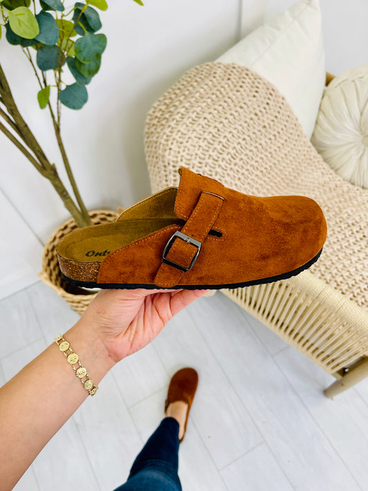 Buckle And Stroll Clogs In Whiskey Suede