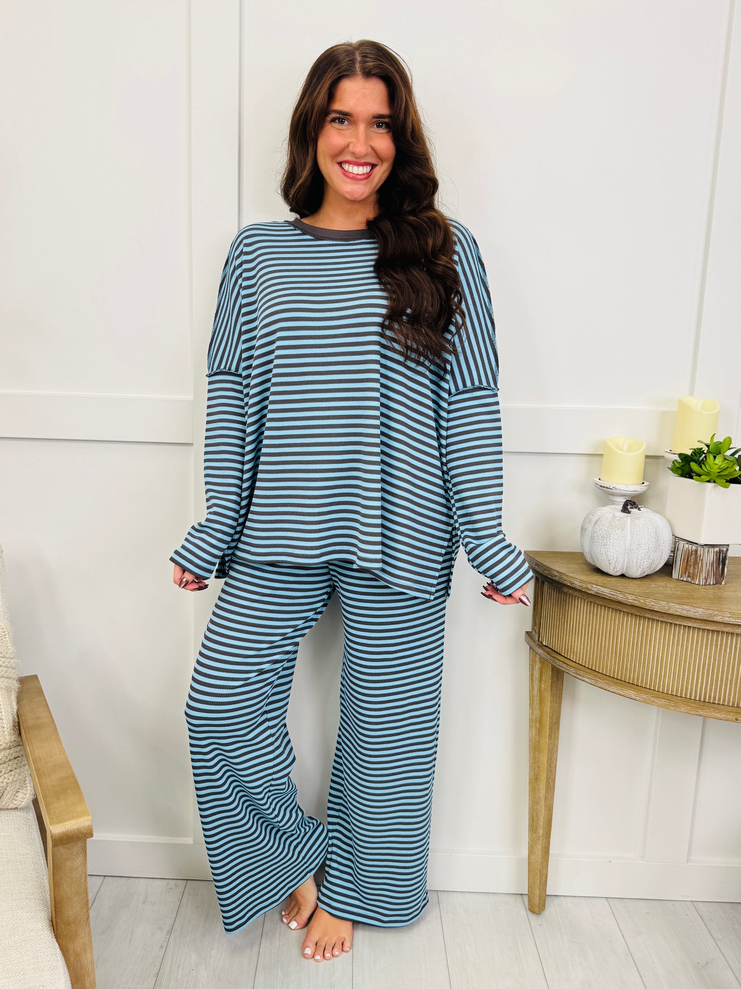 Cozy in Stripes Top In Mint Brown