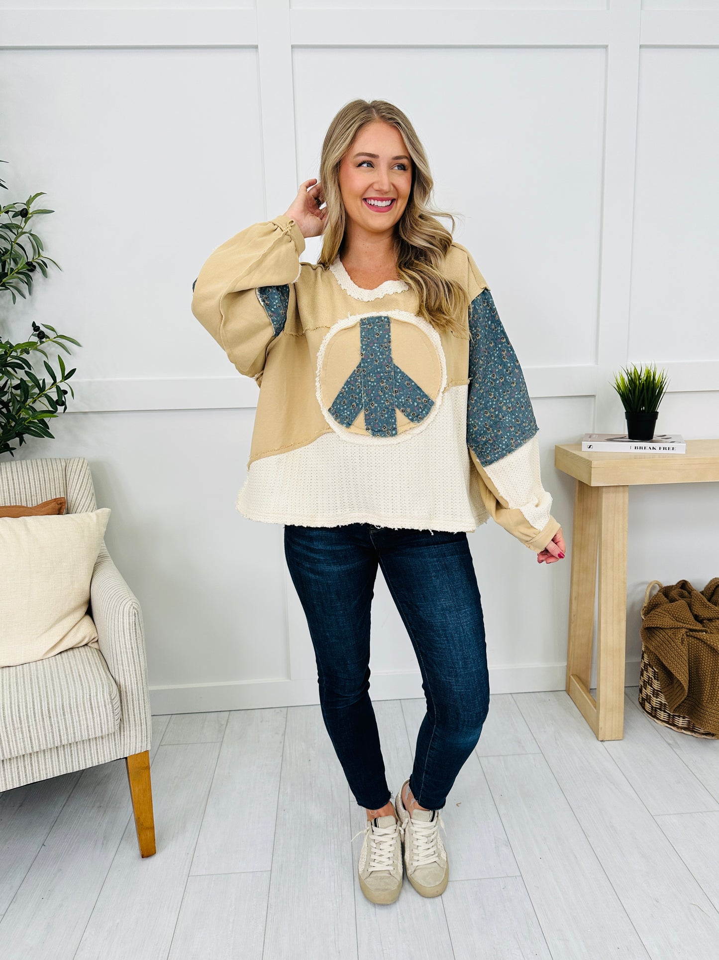 Spread Good Vibes With A Peace Sign Pullover in Toasted Almond