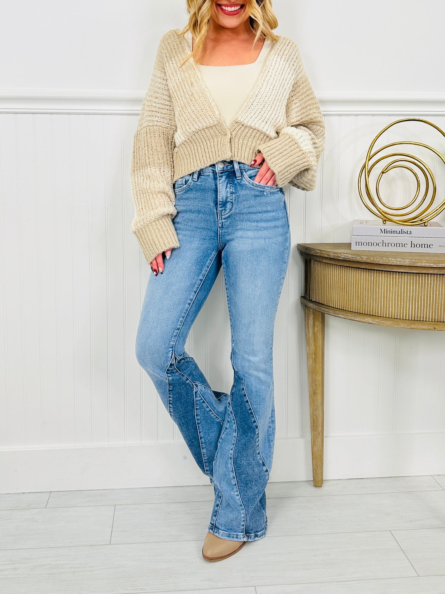 Two Tone Trend Tummy Control Flare Jeans