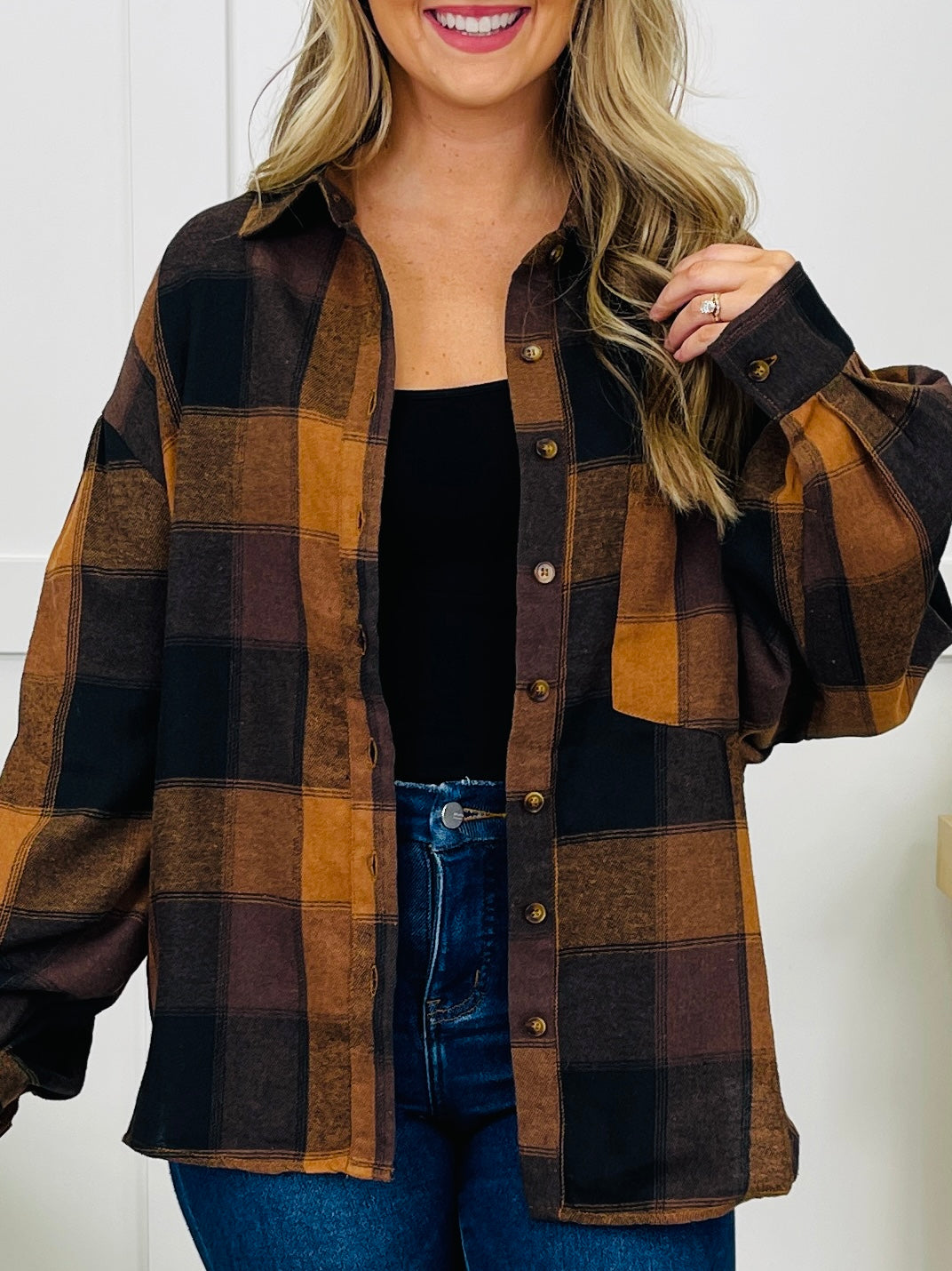 Meet Me At The Bonfire Flannel in Camel/Black