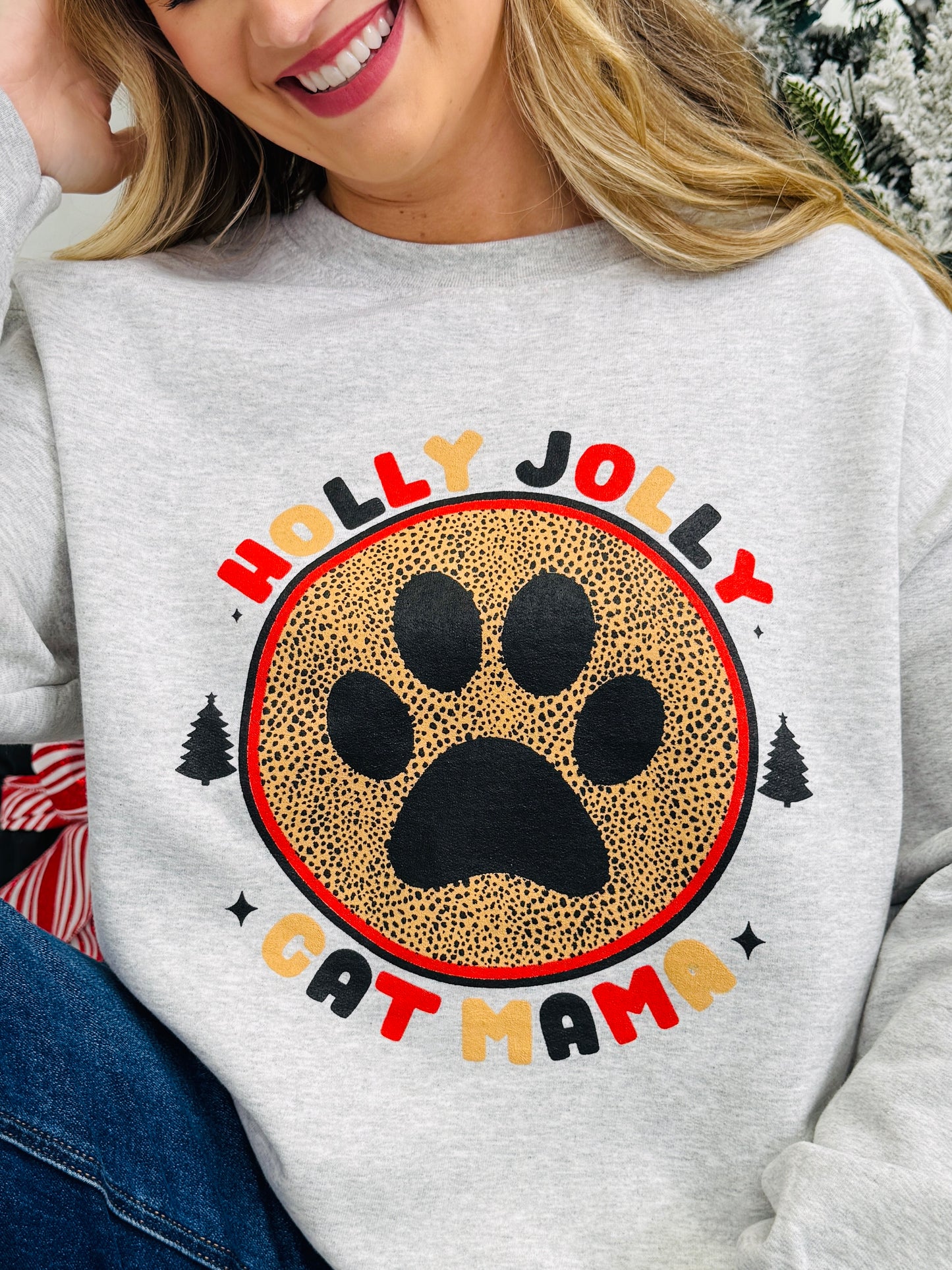 Holly Jolly Cat Mama Graphic Crewneck Sweatshirt