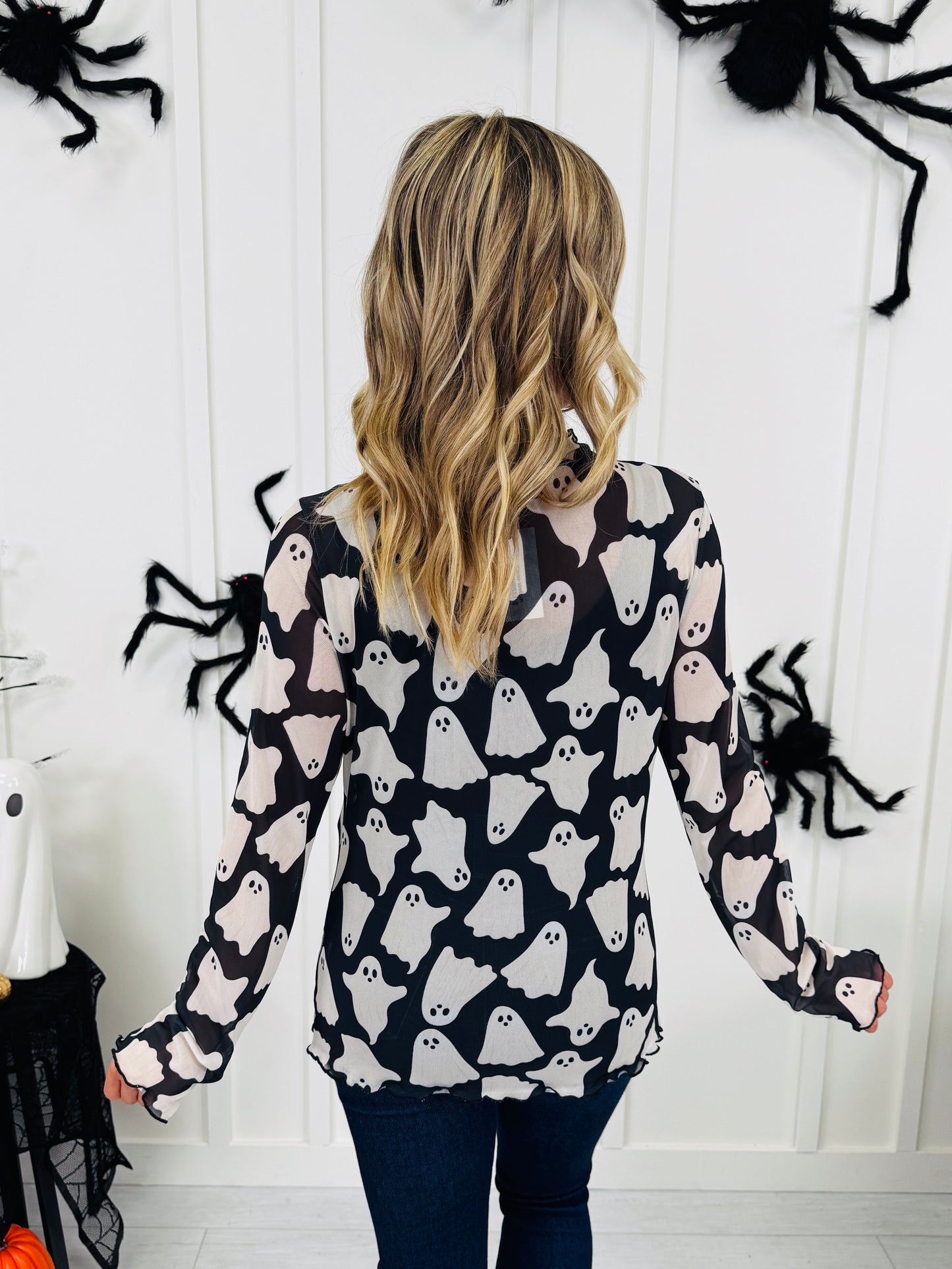 Spooky Things Mesh Top In Ghost Print