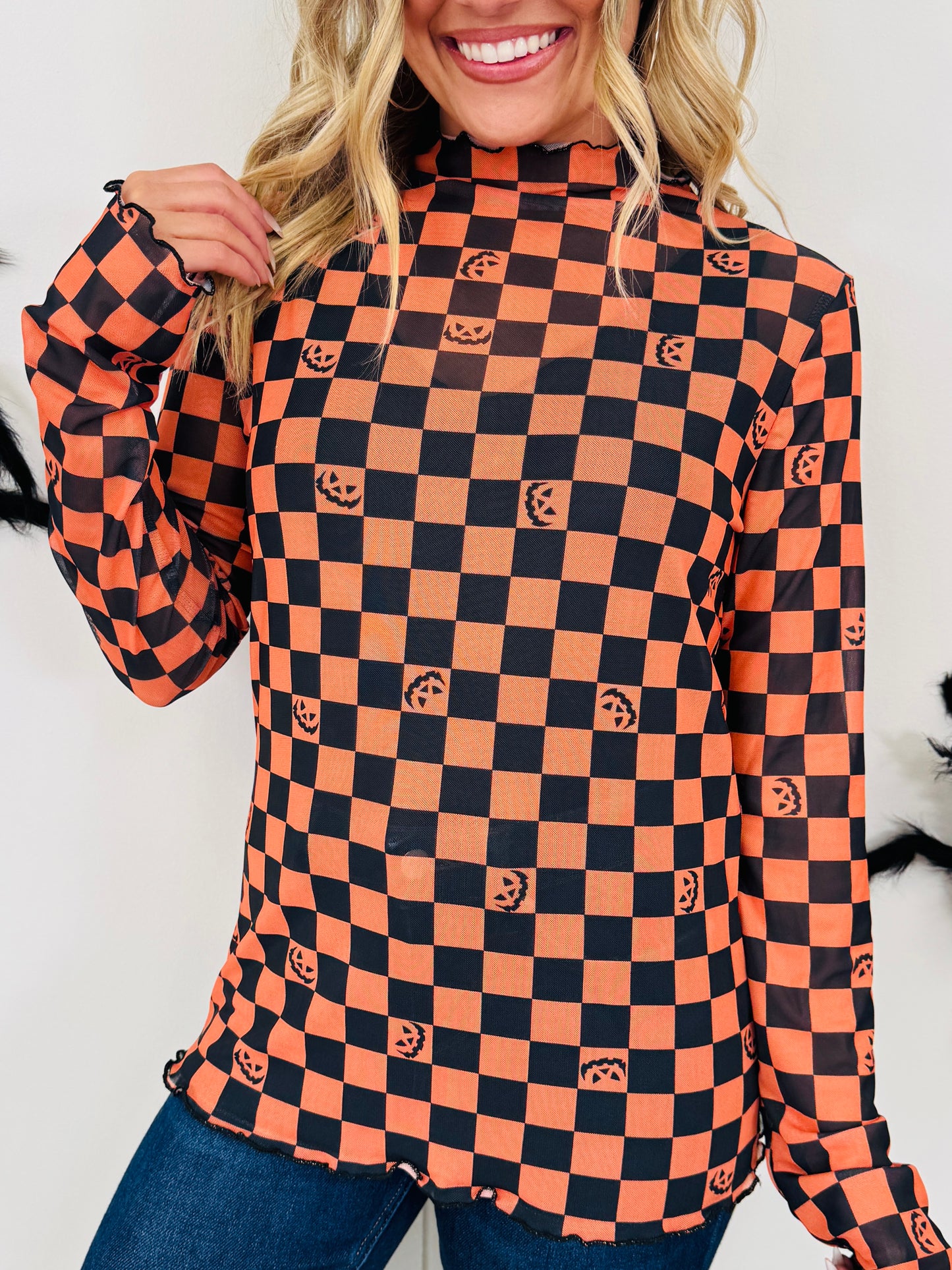Spooky Things Mesh Top In Checkered Print