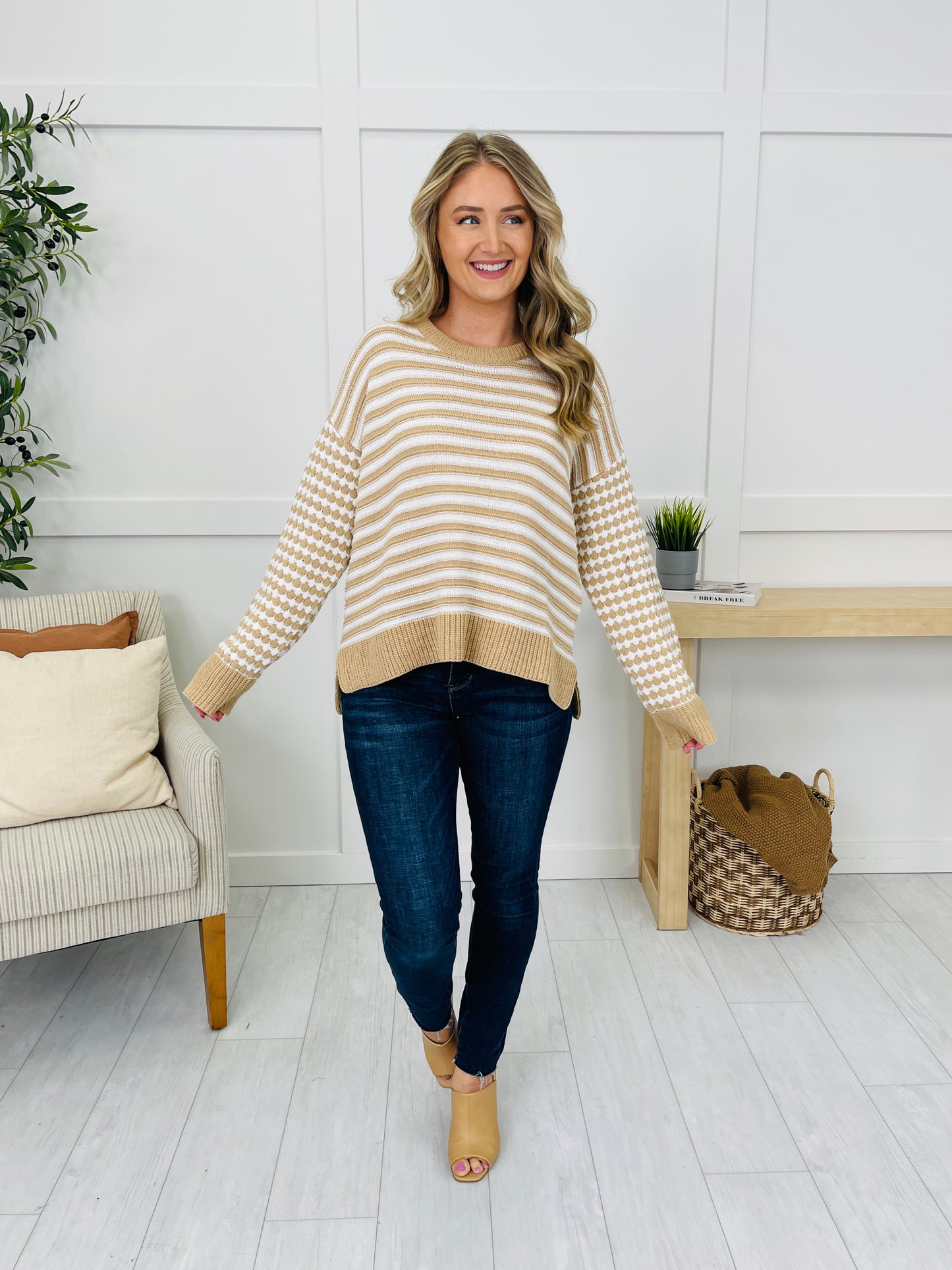 Cozy In Every Line Sweater in Taupe/White