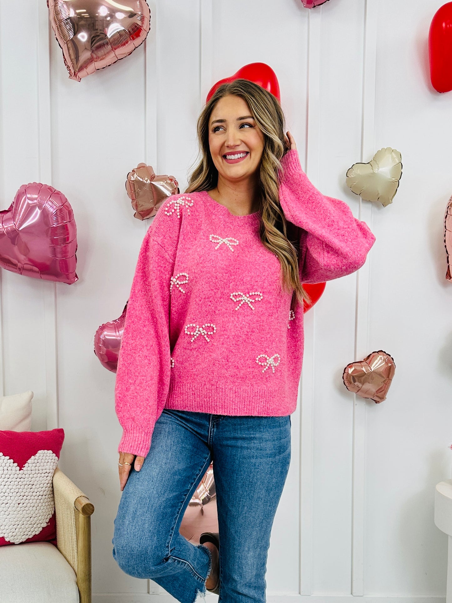 Ever After Pearl Sweater in Hot Pink