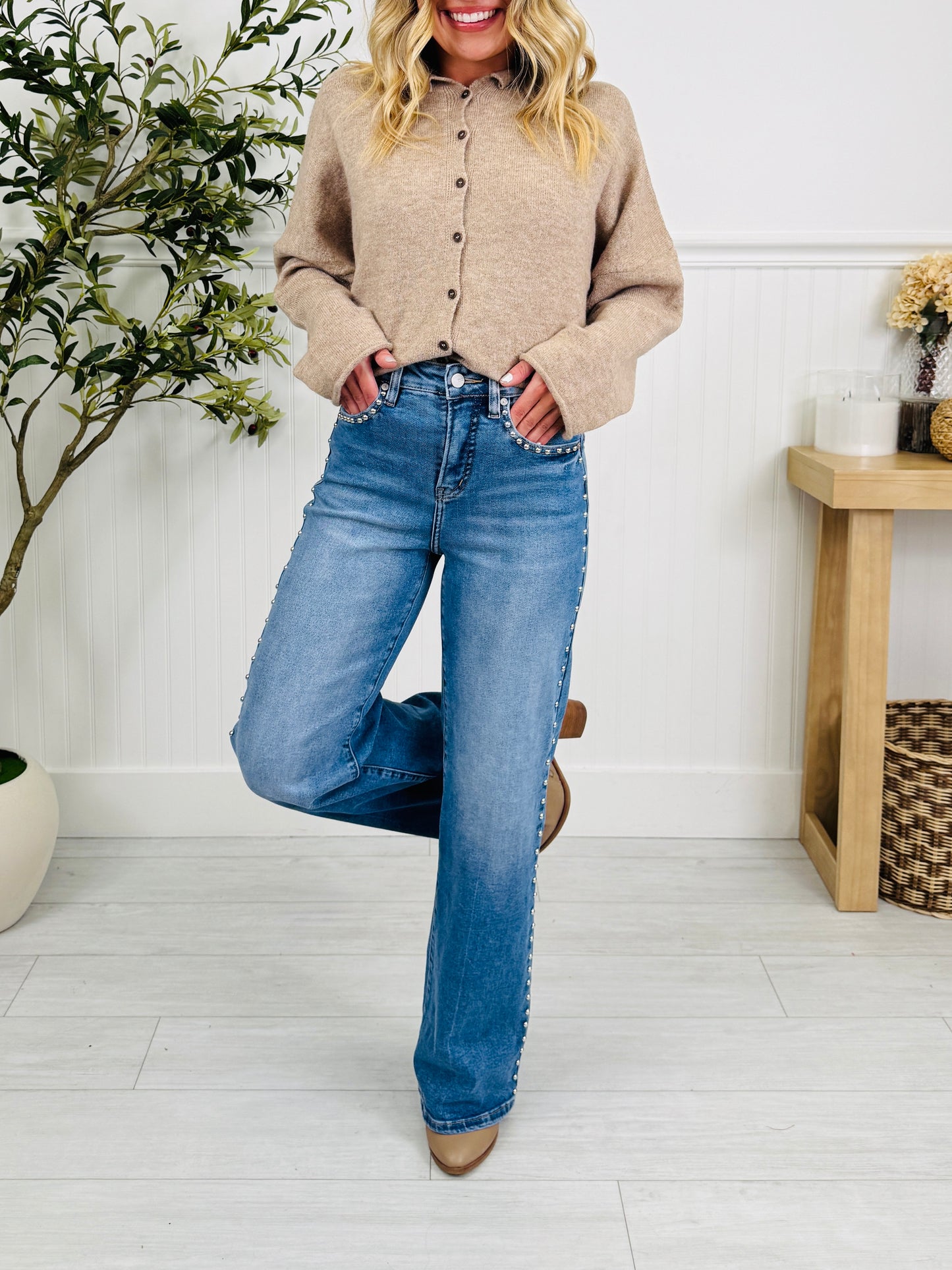 Studded & Styled Tummy Control Wide Leg Jeans