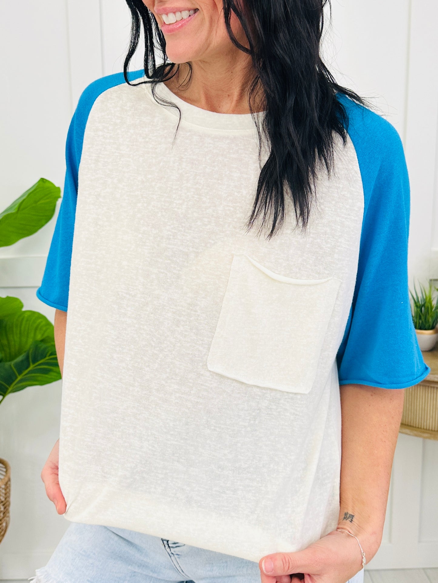Play It Back Top In Cream Blue
