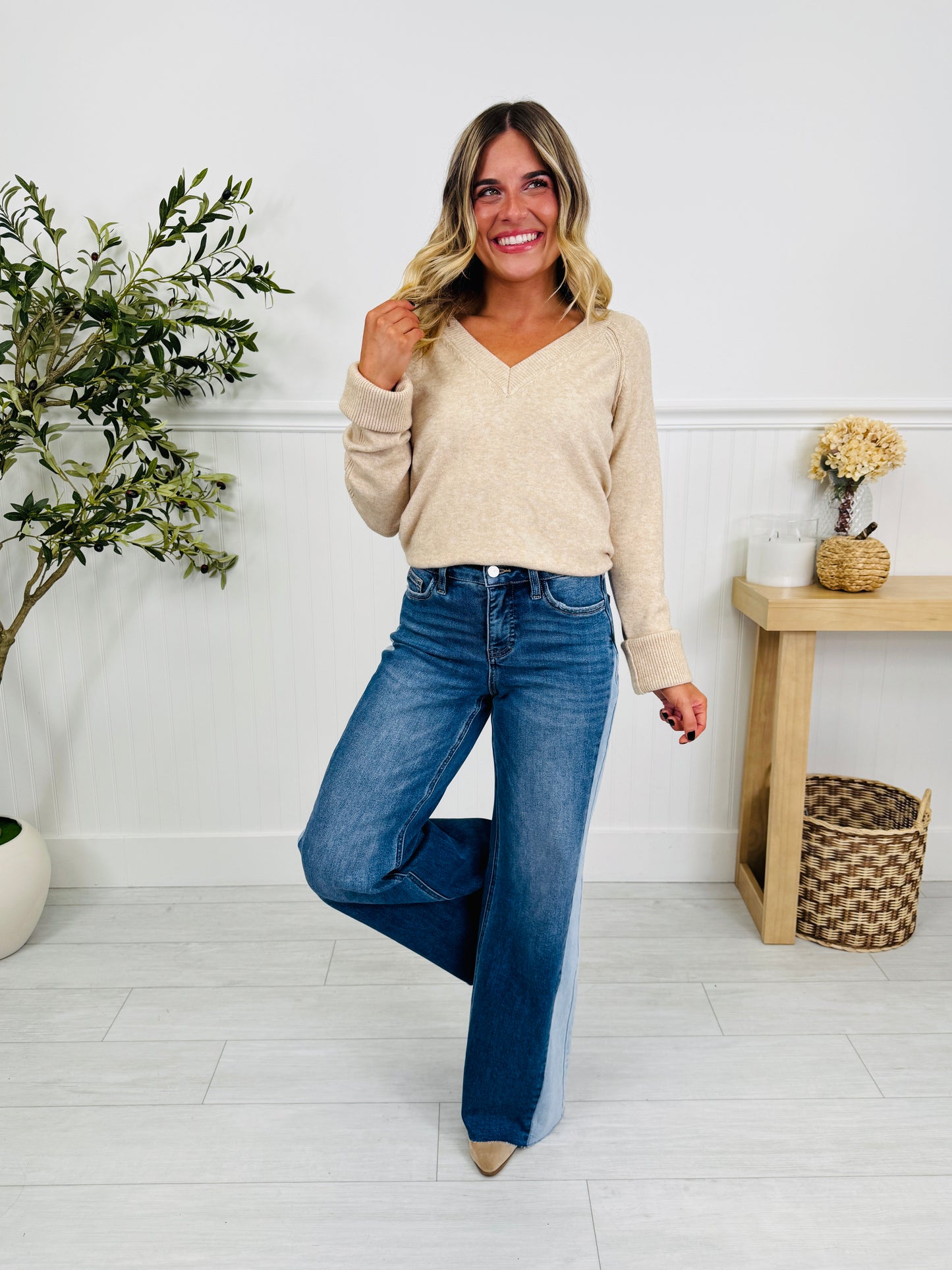 Two Tone Twist Tummy Control Retro Wide Leg Jeans