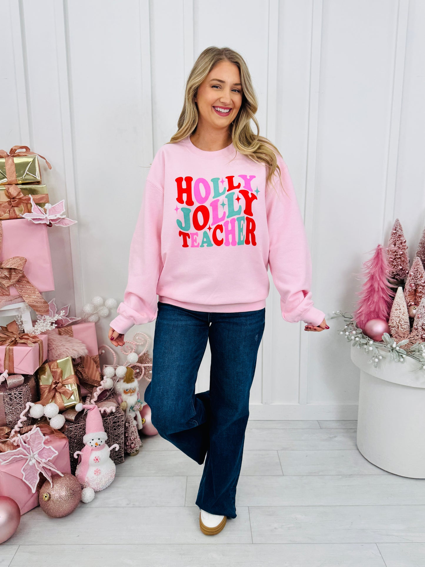 Holly Jolly Teacher Graphic Crewneck Sweatshirt