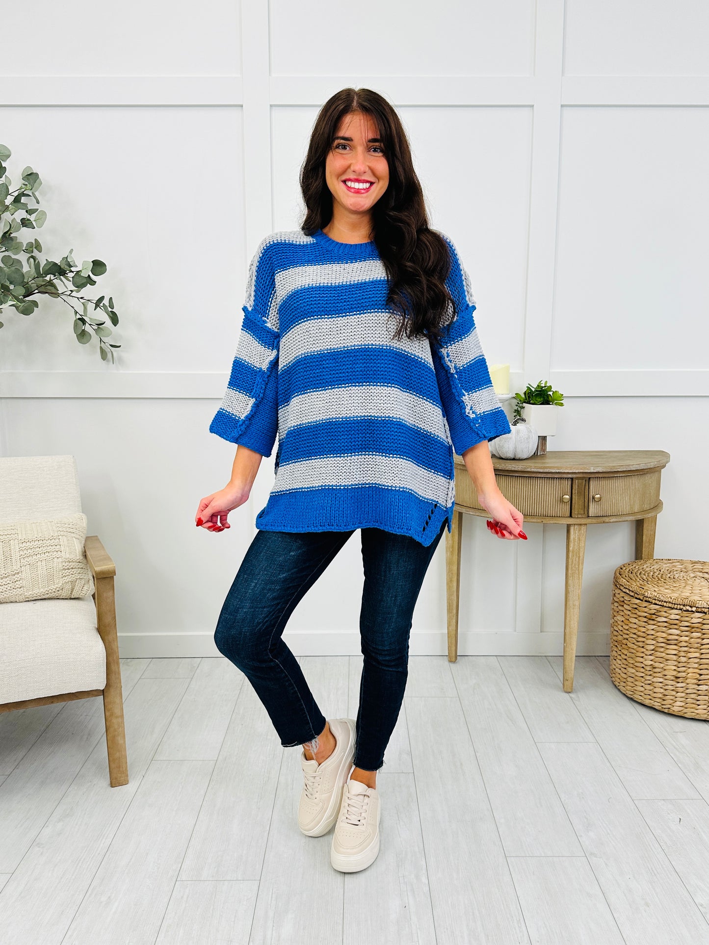 Long Story Stripes Top In Blue Grey