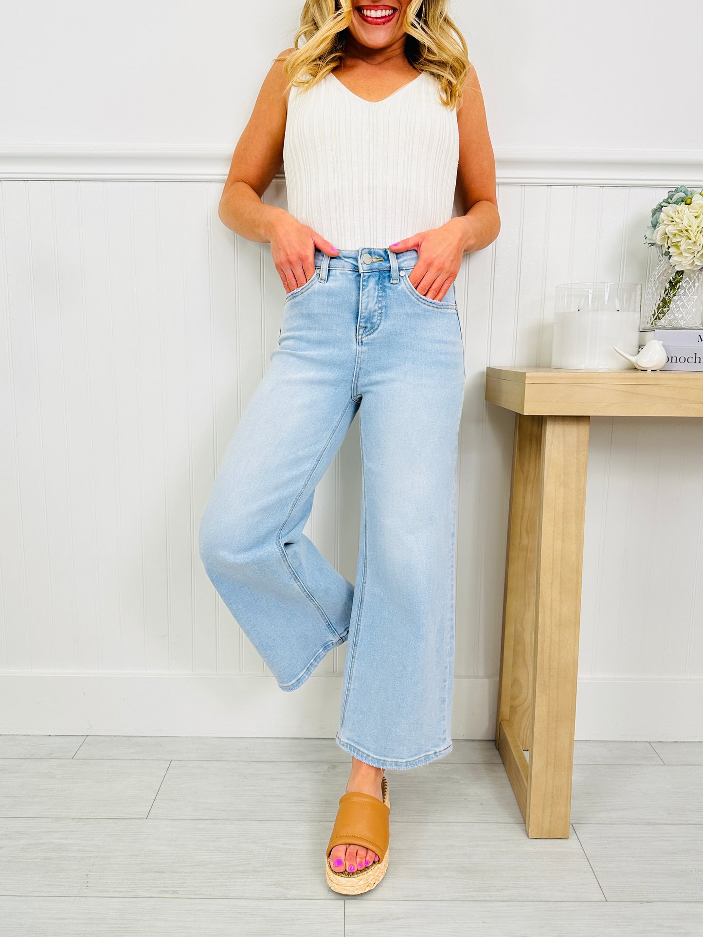 Sunflower Season Tummy Control Wide Leg Cropped Jeans