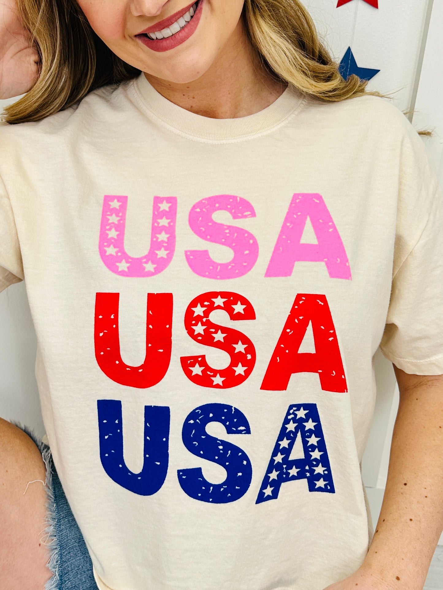 Pink Red And Blue USA Boxy Graphic Tee