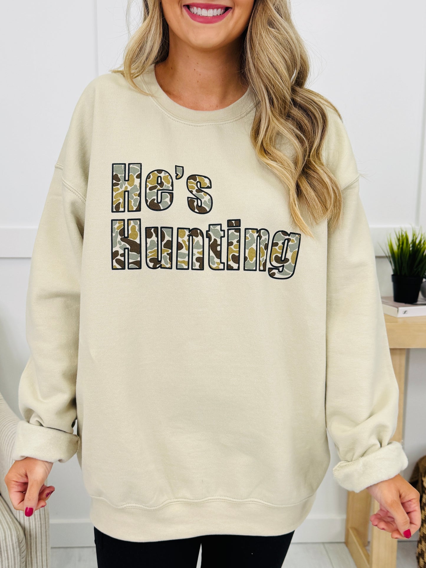 He's Hunting Graphic Crewneck Sweatshirt