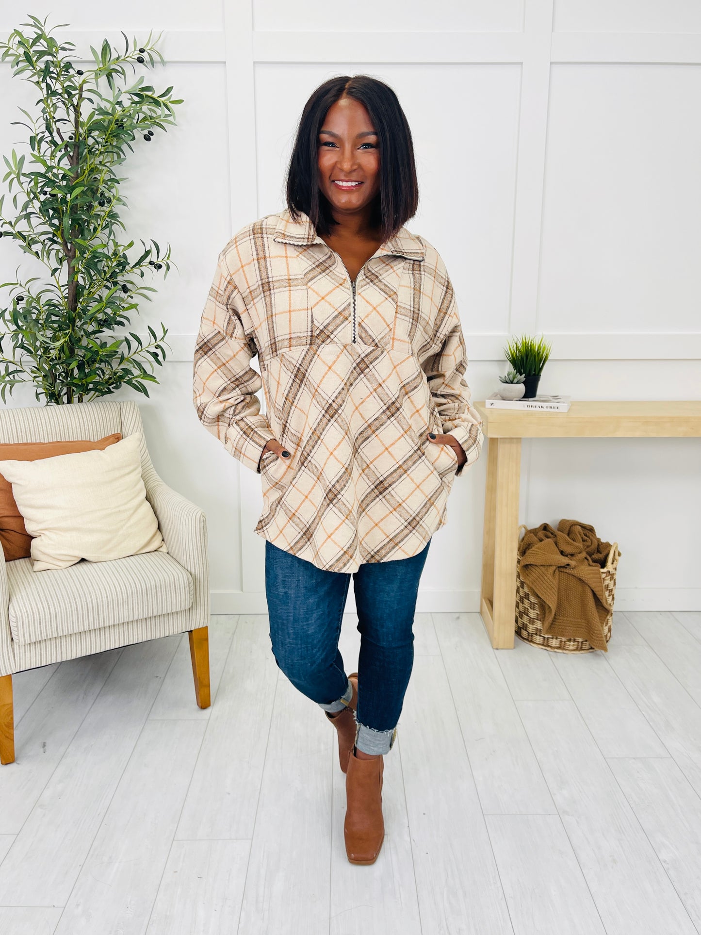 Plaid Pursuit Pullover in Iced Latte