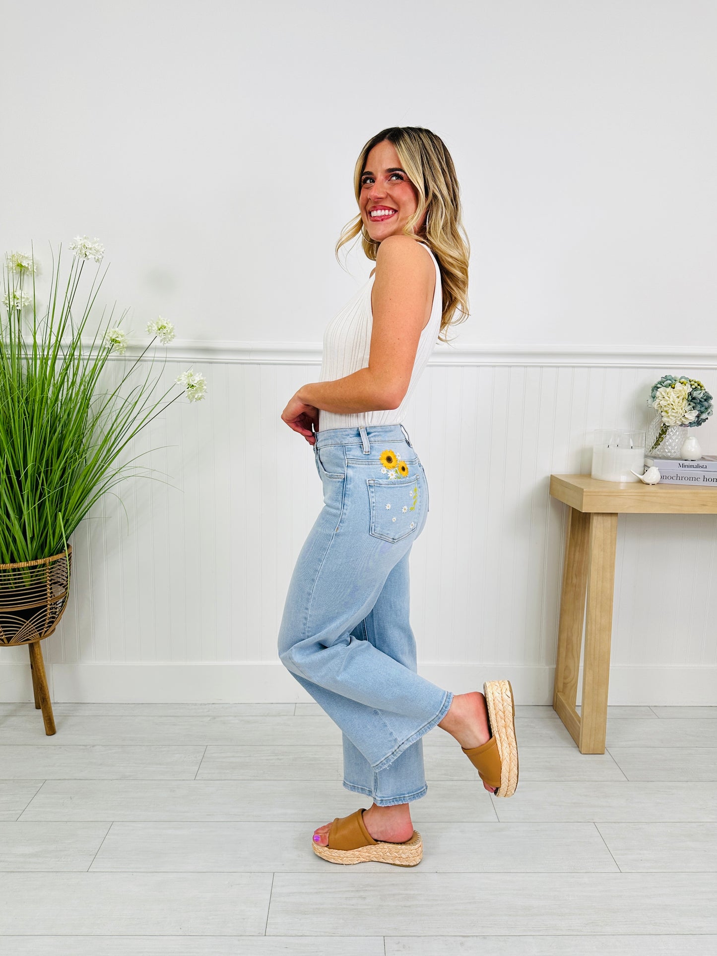 Sunflower Season Tummy Control Wide Leg Cropped Jeans