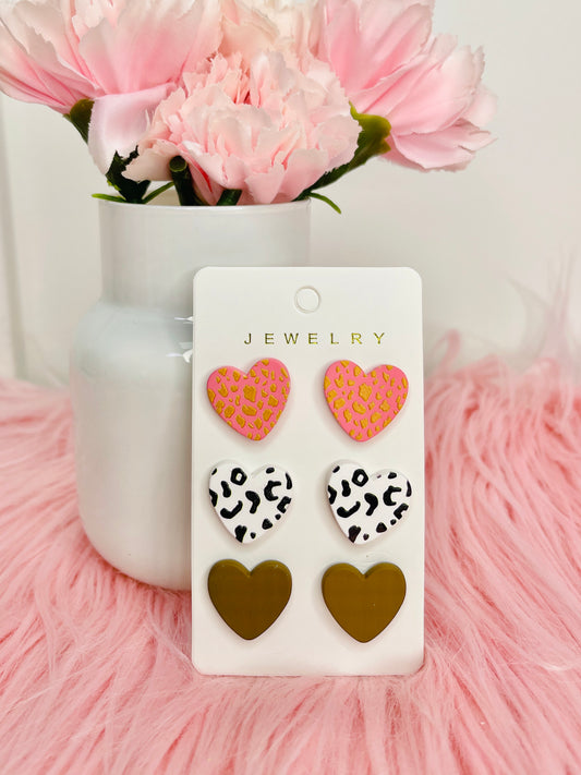 Coral Heart Trio Stud Earrings