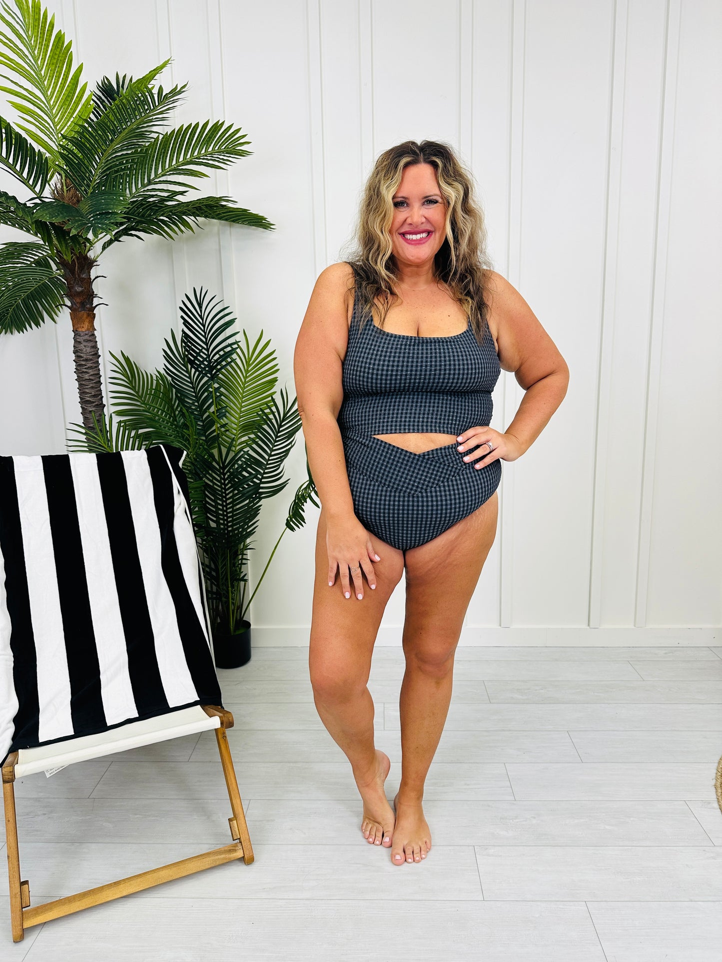 The Olivia Swim Top In Black/Charcoal Gingham