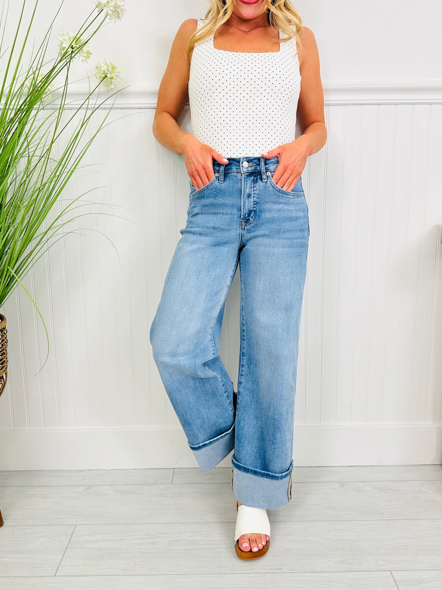 Off The Cuff Wide Leg Cuffed Tummy Control Cropped Jeans