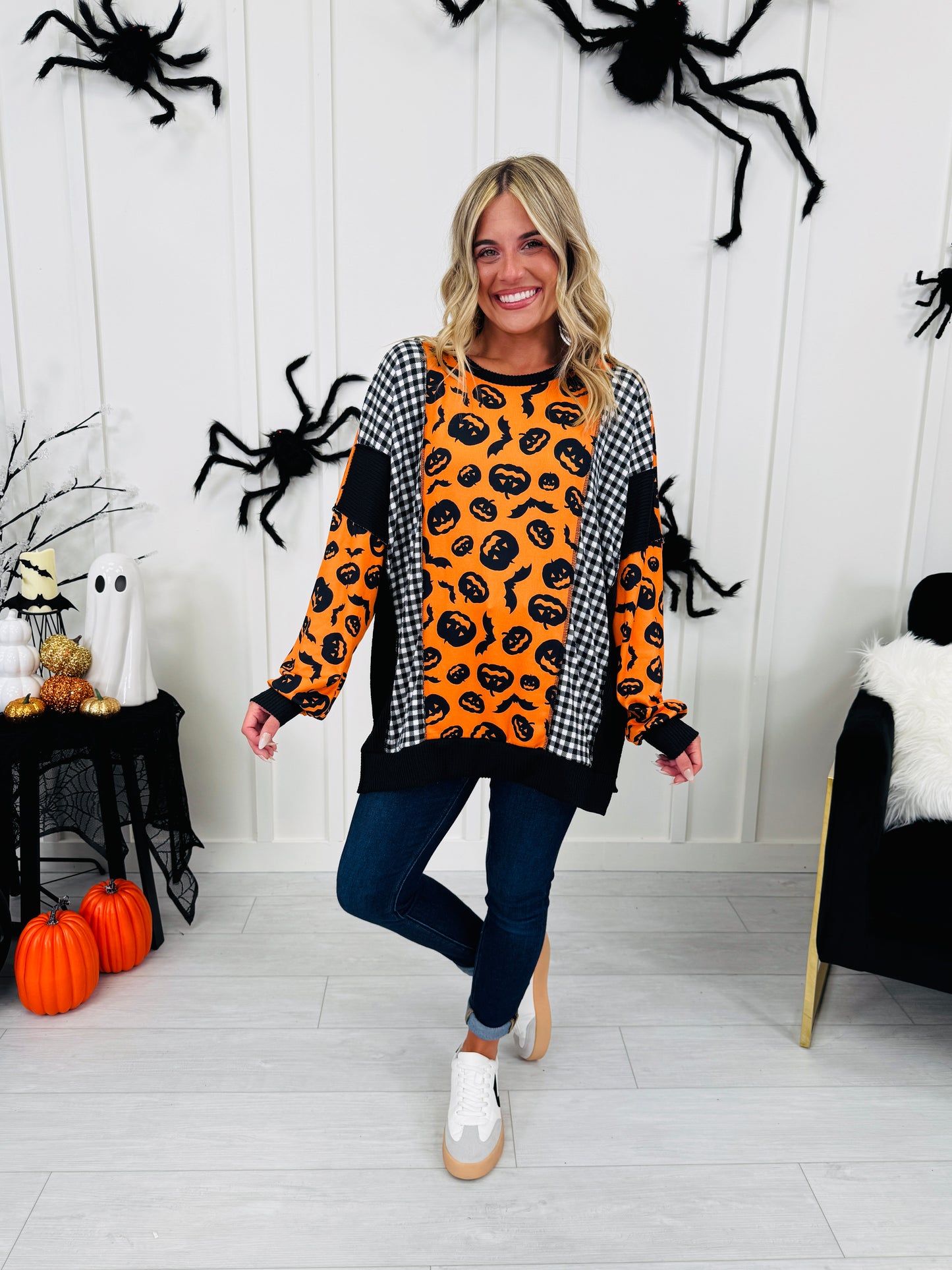 All Things Spooky Top In Pumpkin Print
